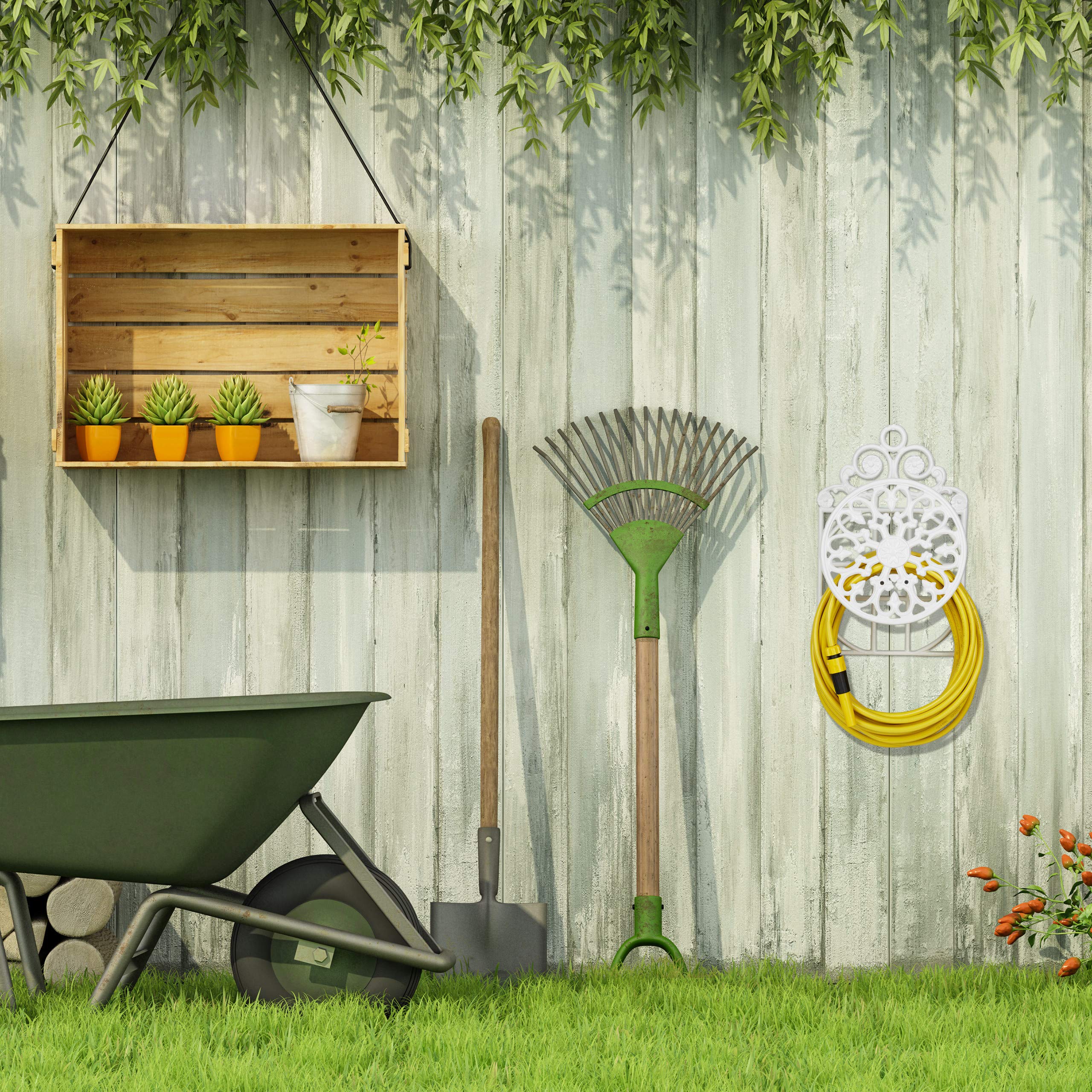 Relaxdays, blanc Porte support tuyau arrosage fonte fer HxlxP: 50 x 32 x 20 cm