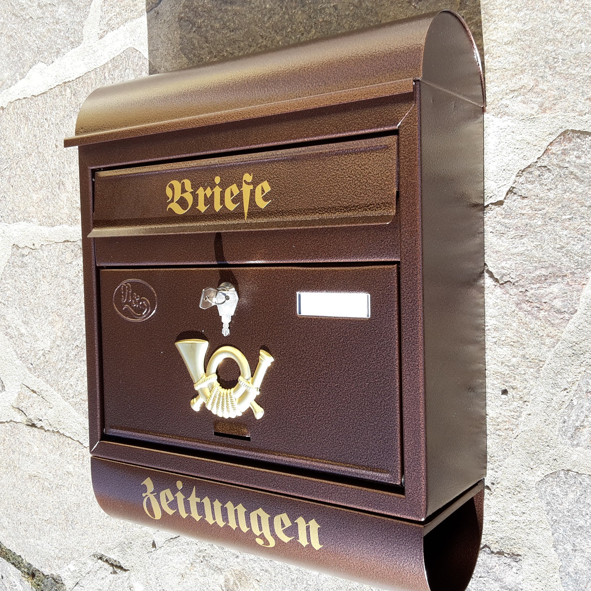 Eigenmarke Großer Briefkasten/Postkasten XXL Kupfer/Bronce mit Zeitungsrolle Runddach Wandmontage
