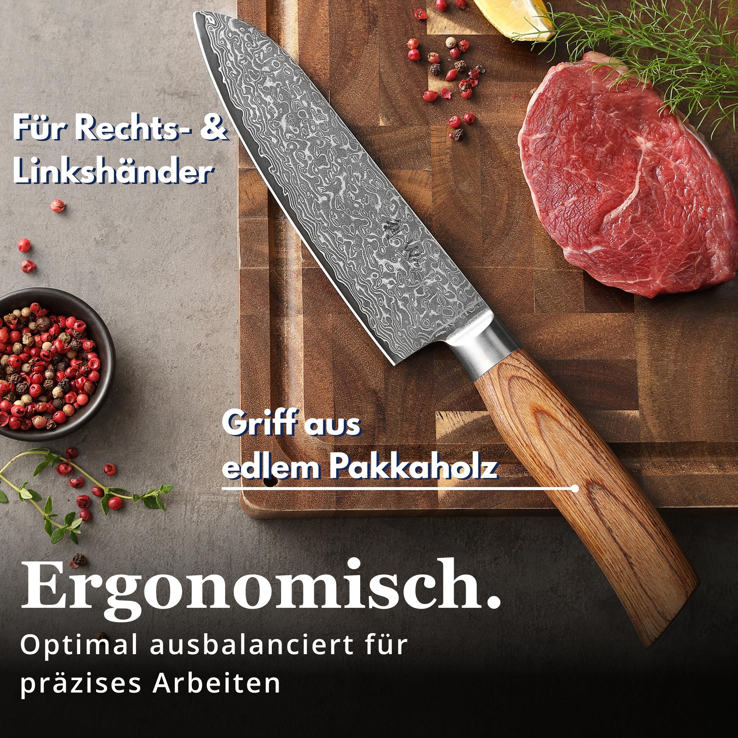 Wakoli EDIB Pro Santokumesser, 16 cm Klinge aus Damaststahl mit VG10 Kern | 67 Lagen, 60 ± 2 HRC, 30 cm Gesamtlänge, Pakkaholzgriff und Geschenkbox; beidseitiger V-Schliff für Fleisch, Fisch und Gemüse