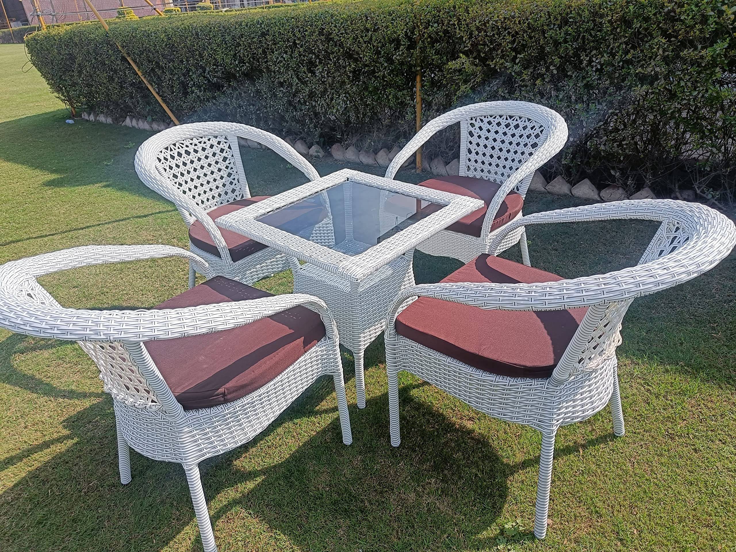 Alisha Craft D-8 Chairs Table Set 4+1 Wicker Patio Furniture Sets 4 Chair and 1 Table with Cushions for Garden Balcony Bedroom Powder Coated Frame Uv Protected Wicker (Off White+Brown)-image-39
