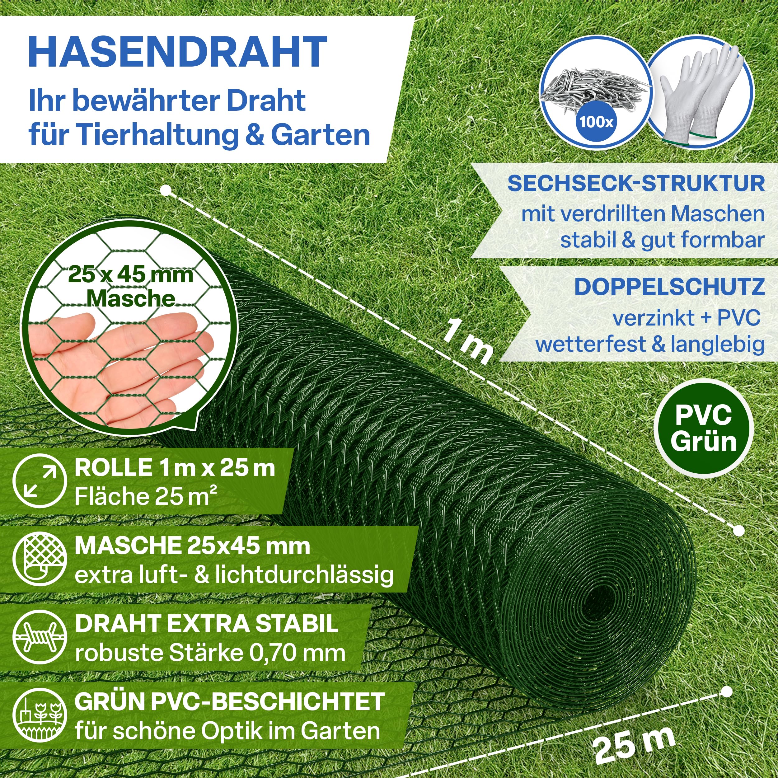 TTL GARDEN 1x25m Hasendraht 25x45mm Masche grün PVC beschichtet - rostfrei 0,70mm Draht Stärke Rolle feinmaschig Drahtgitter Kaninchendraht Zaun Gitter Maschendrahtzaun 25m x 1m breit grün