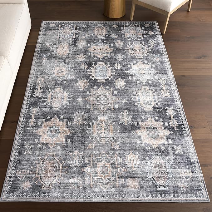 nuLOOM 5' x 8' Machine Washable Area Rug with Waterproof Spill Proof Surface, Non Slip Backing and Stain Resistant for Living Room, Bedroom, Kitchen, Dining Room, Philomena Charcoal
