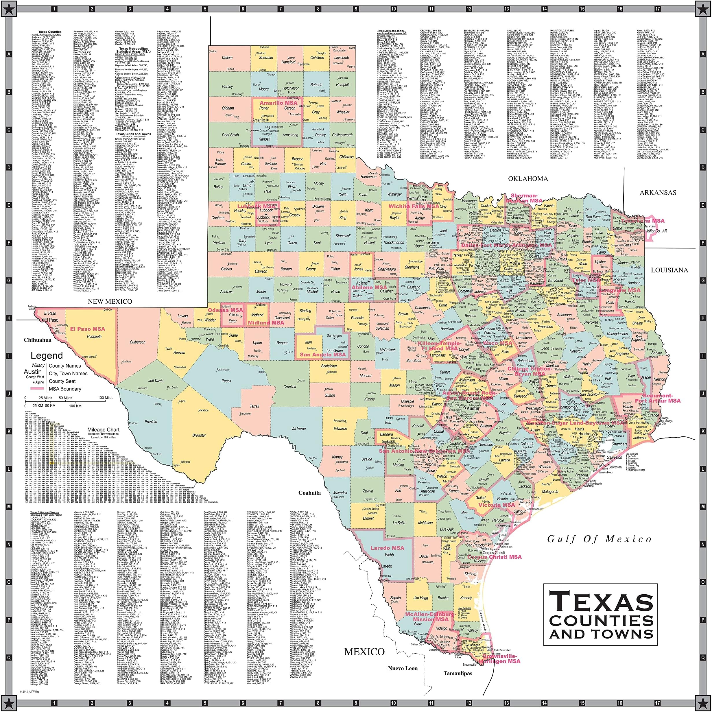 Texas Map Store County Wall Map - Includes Counties, Cities, Towns, County Seats, MSA's - Over 1200 Cities and Towns Listed with Populations (Laminated, 36 inches x 36 inches )