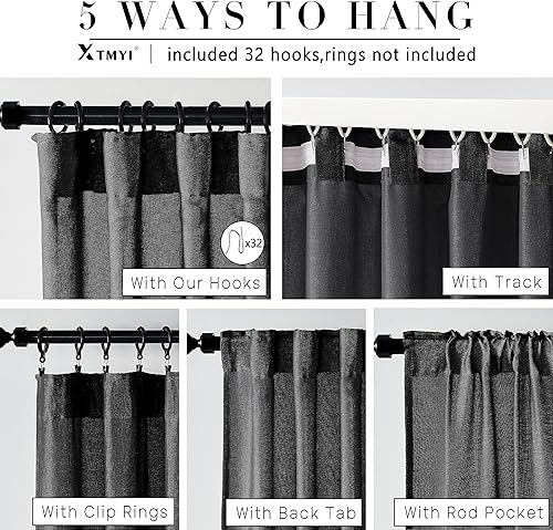 Miniatura 6 de XTMYI Cortinas negras de 108 pulgadas de largo para puerta corrediza de vidrio, juego de 2 paneles de ganchos de lino, cortinas plisadas para telón