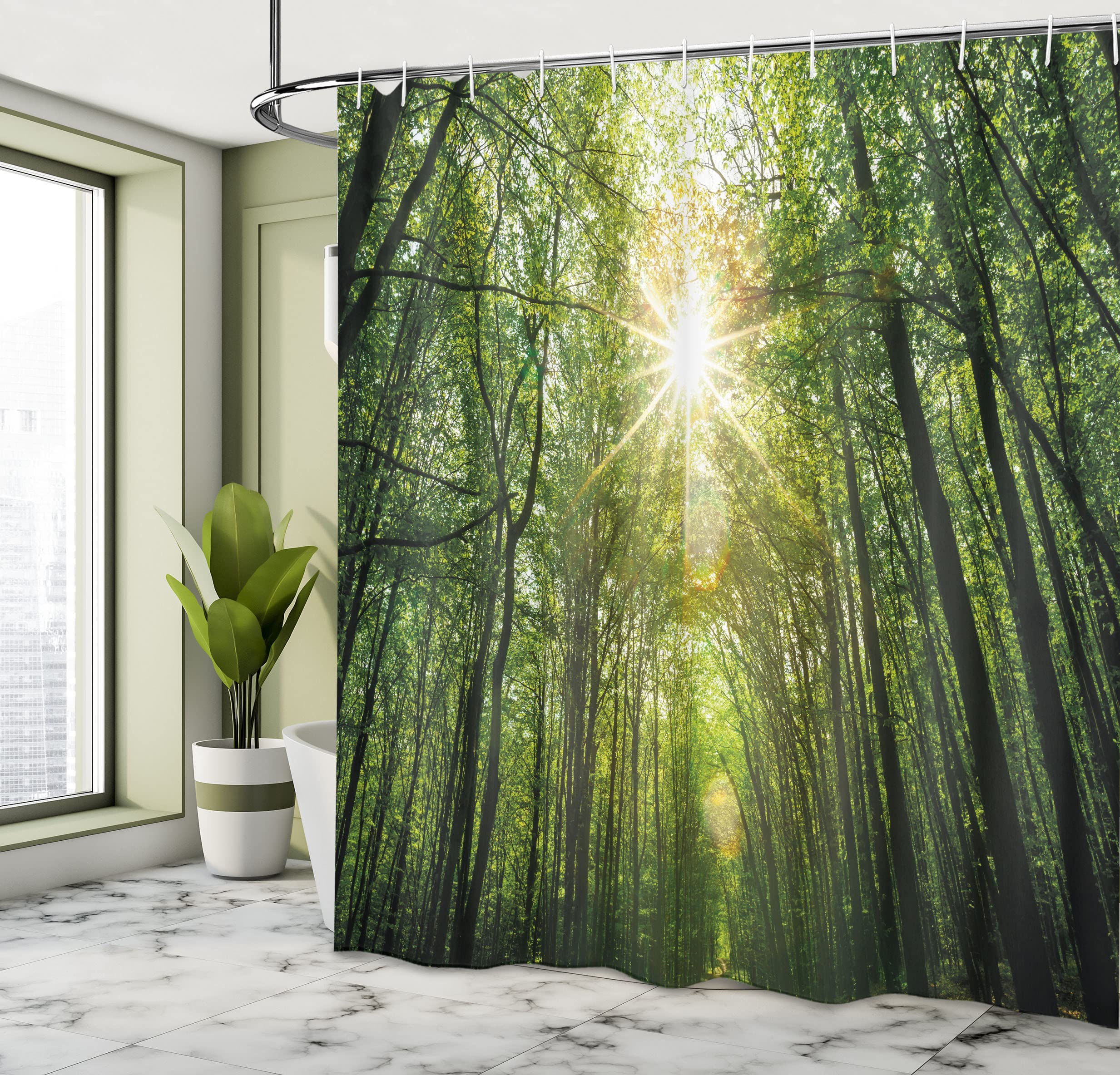 Rideau De Douche Motif Forêt Avec Feuilles D'or - 175x200 Cm - Polyester Hydrofuge - 12 Crochets Inclus - Jaune Et Gris