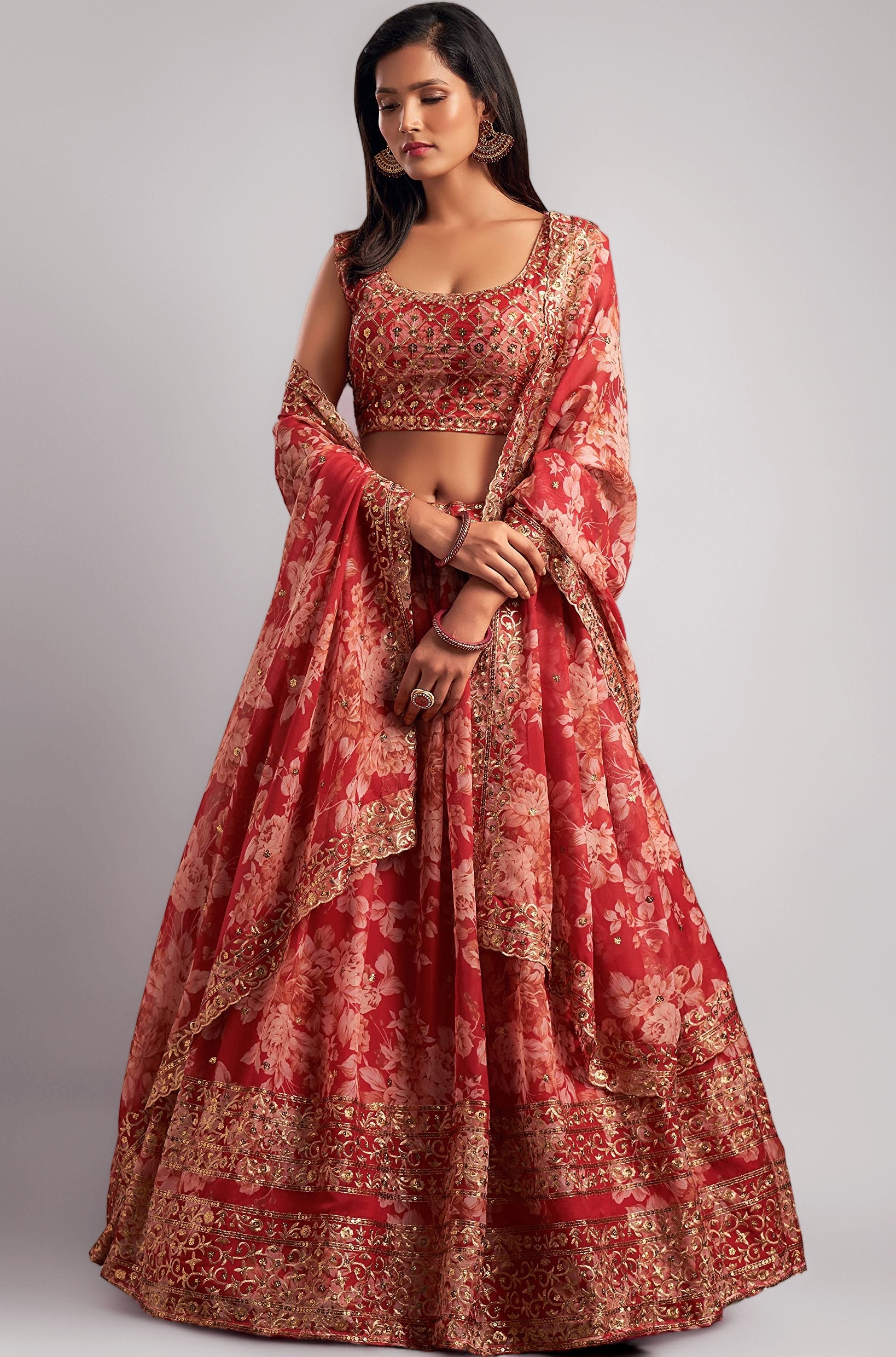 Women's Organza Floral White Semi-Stitched Lehenga Choli (7611-Wedding-Floral-Lehenga-Latest, White)