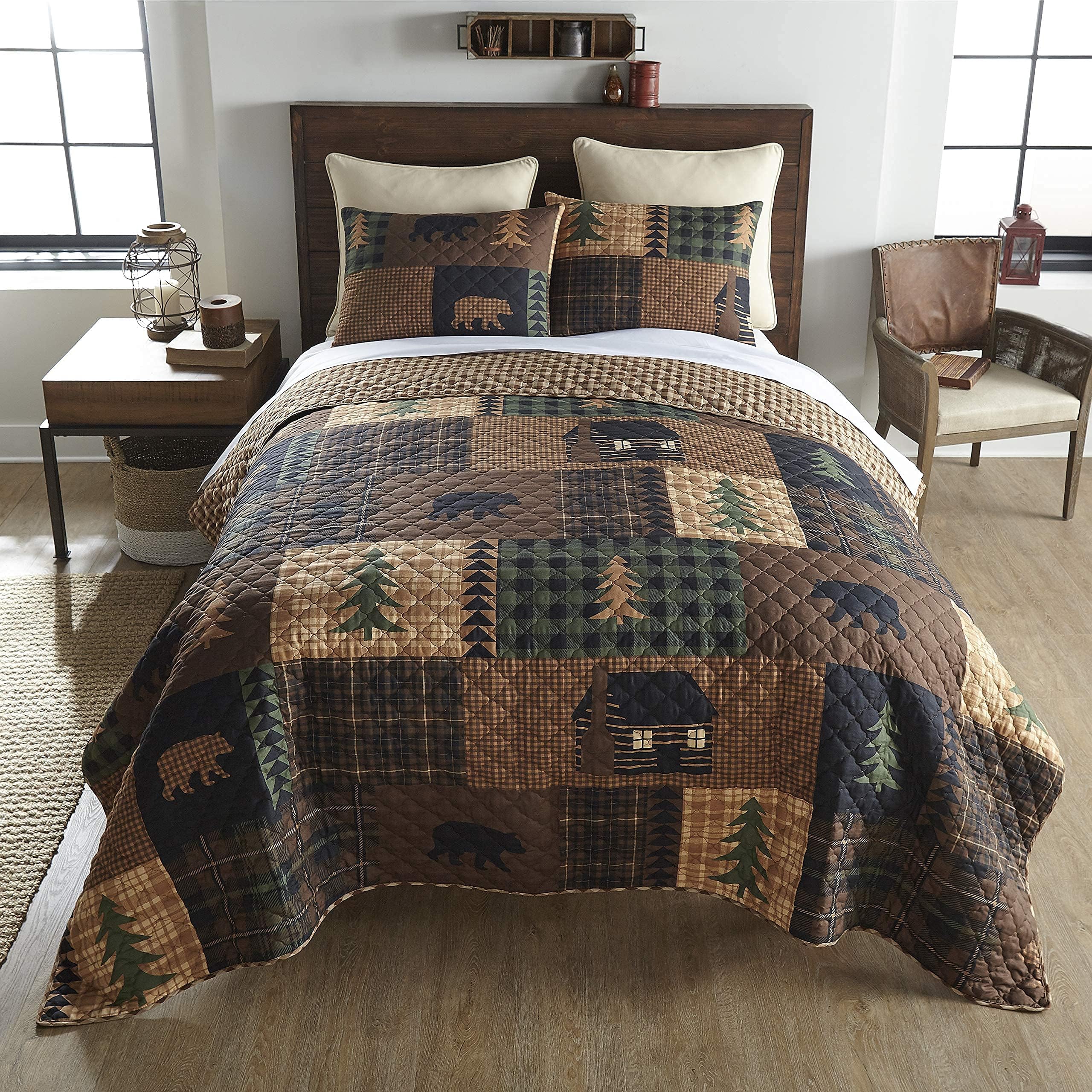 Brown Bear Cabin-King Quilt Set, Measures 104 x 96, Includes 1 Quilt and 2 King Shams, Machine Washable
