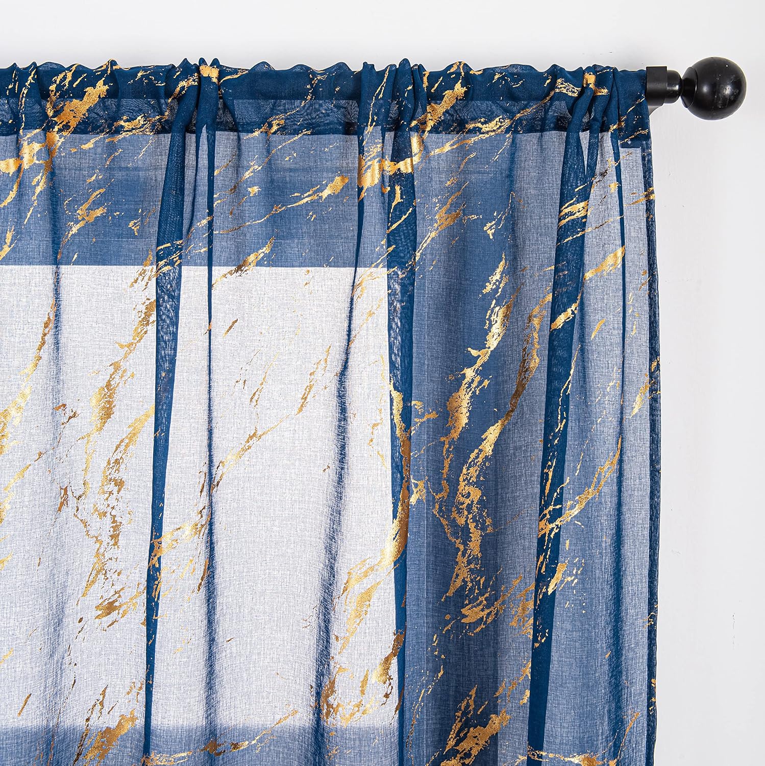 Sutuo Home Marble Sheer Curtains 84 Inch Length, Gold Foil Print Metallic Bronzing, Privacy Window Treatment Abstract Drape Pair 2 Panels Set for Bedroom Kitchen Living Room 52" W x 84" L, Navy Blue