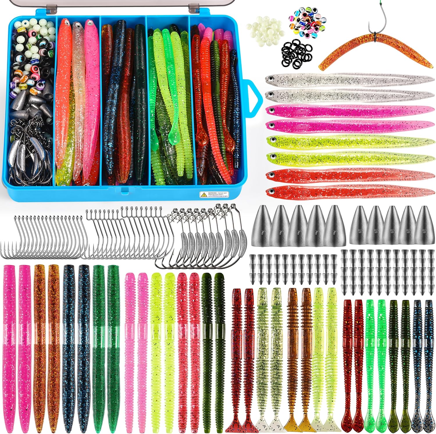 PLUSINNO Fishing Lures, 220PCS Bass Fishing Kit with Wacky Worm, Soft Plastic Baits, Fishing Hooks, Weights & Accessories, Wacky Rig Kit Fishing Gear Gifts for Men with Tackle Box