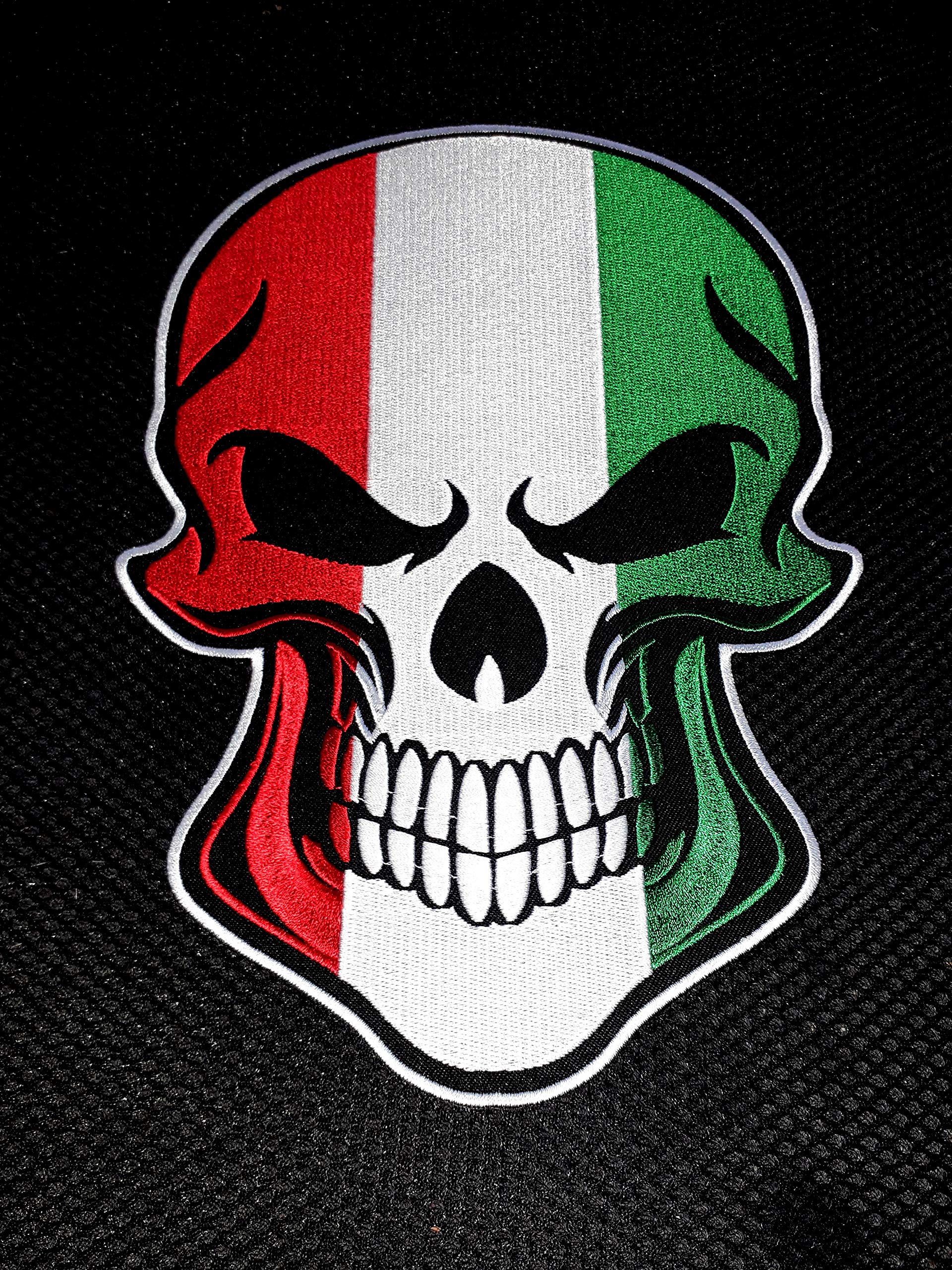 Écusson Patch Brodé Biker - Crâne Tricolore 25x18 Cm - Thermo-collant Ou à Coudre - Grand Format