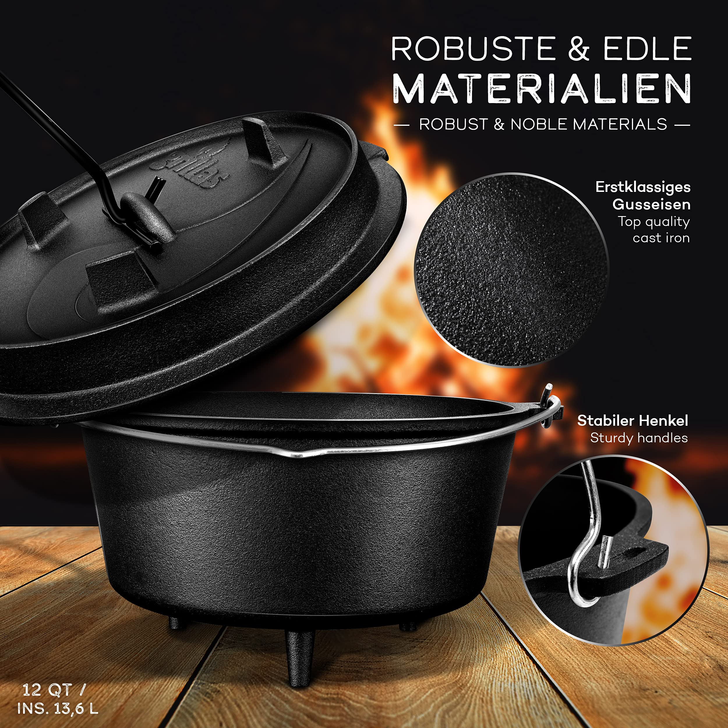 grillas Zestaw Dutch Oven wraz z pomysłami na przepisy kulinarne | już wypalony - wstępnie wypalony | garnek żeliwny I naczynie do pieczenia z uchwytem do otwierania pokrywy i uchwytem (garnek z