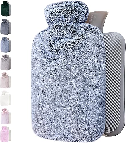 Qomfor Botella de agua caliente con funda suave – 1.8L grande – Bolsa de agua caliente clásica para aliviar el dolor, cuello y hombros, calentador