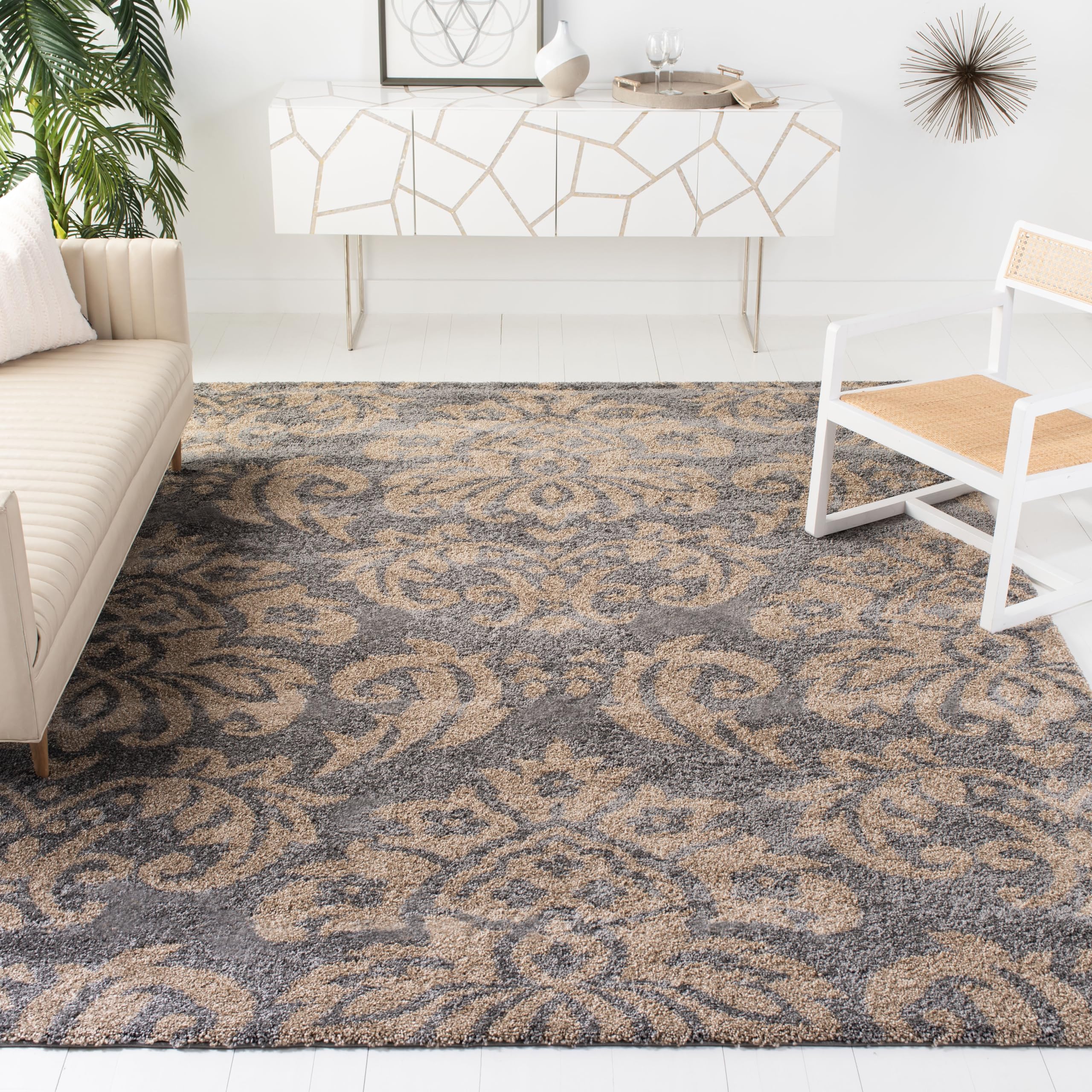 SAFAVIEH Florida Shag Collection Area Rug - 8'6" x 12', Grey & Beige, Damask Design, Non-Shedding & Easy Care, 1.2-inch Thick Ideal for High Traffic