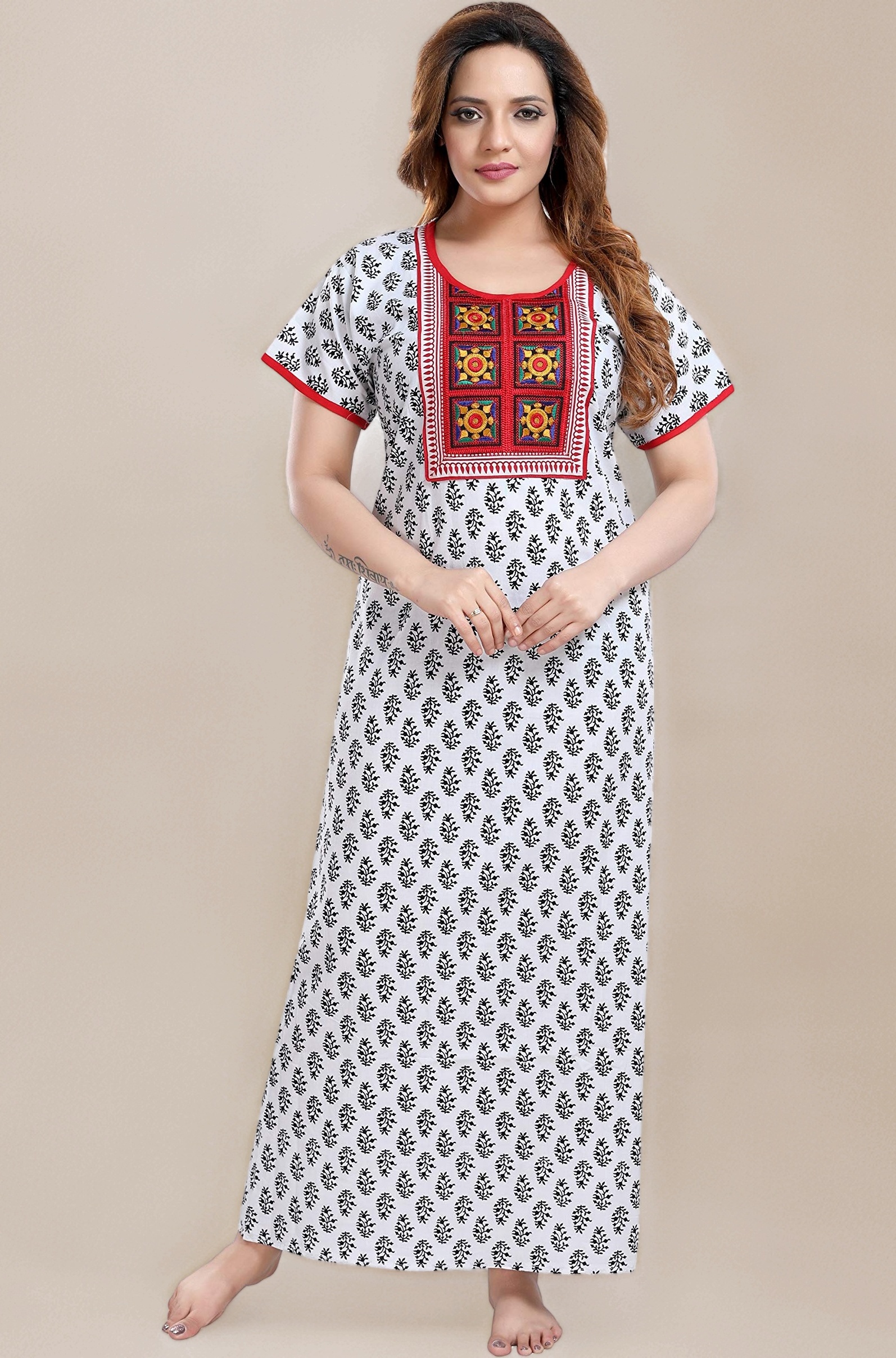 Women's Cotton Embroidered Maxi Nighty (NTY2378_White_Free Size)