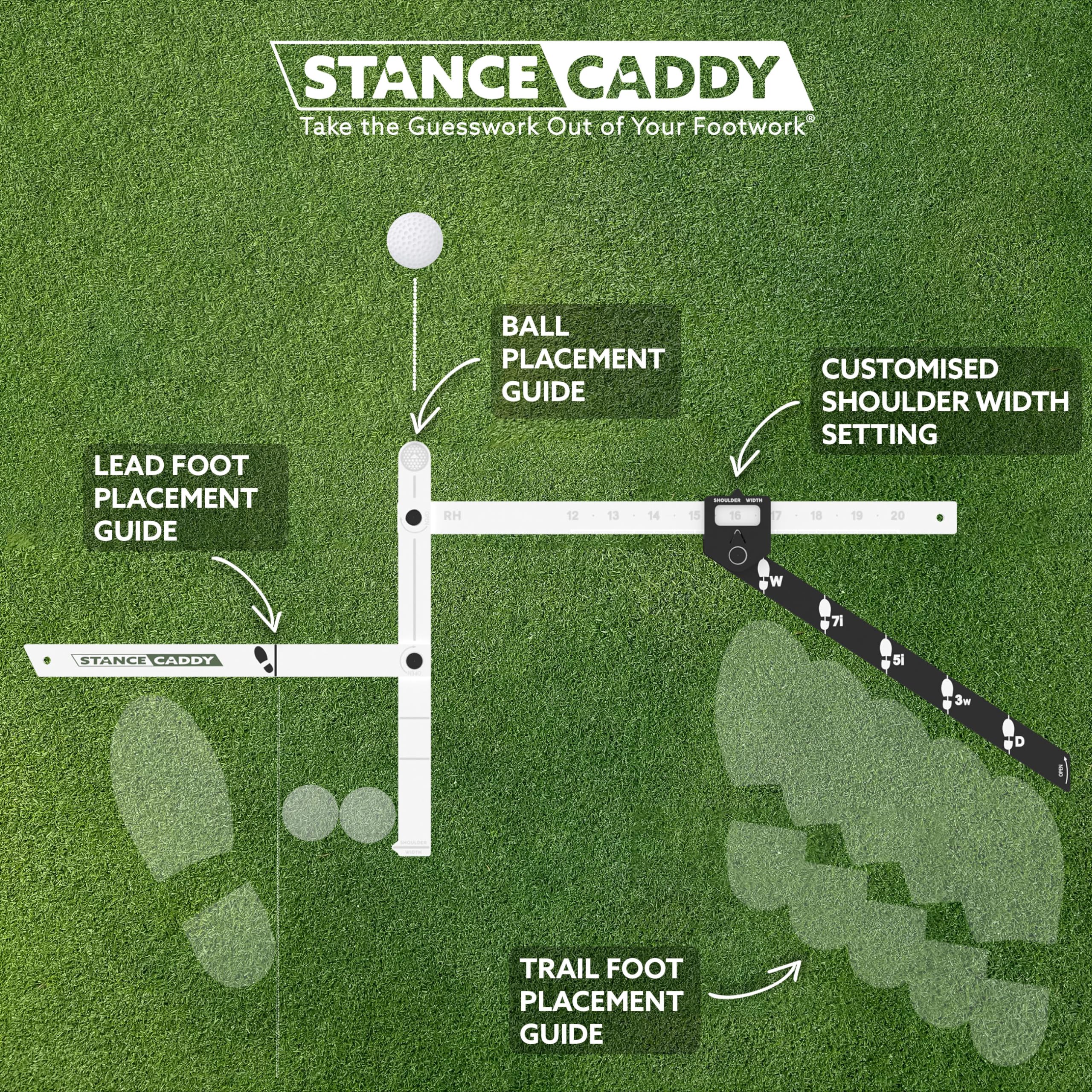 Stance Caddy Golf Stance and Alignment Training Aid – Setup Left & Right Handed - Proper Ball Position & Foot Placement Golf Aids/Tool – Pro Perfect Wedge to Driver – Portable Alignment Stick Mat