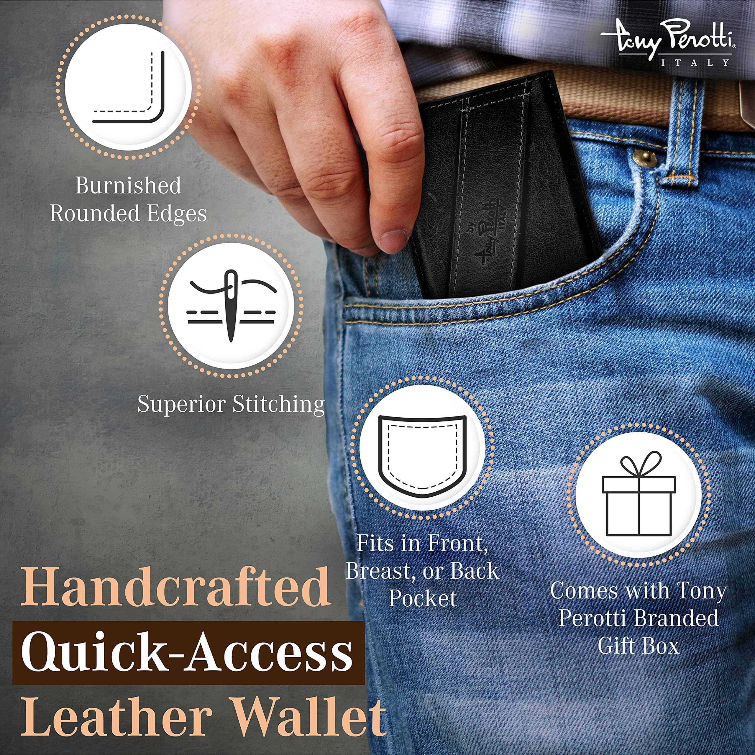 Tony Perotti Italienisches Leder Schnellzugriff Geldbörse für Herren - Ultra Slim RFID Geldbörse mit Pop-Up-Kartenschieber & Kartenhülle - Umweltfreundlich pflanzlich gegerbtes Vollnarbenleder