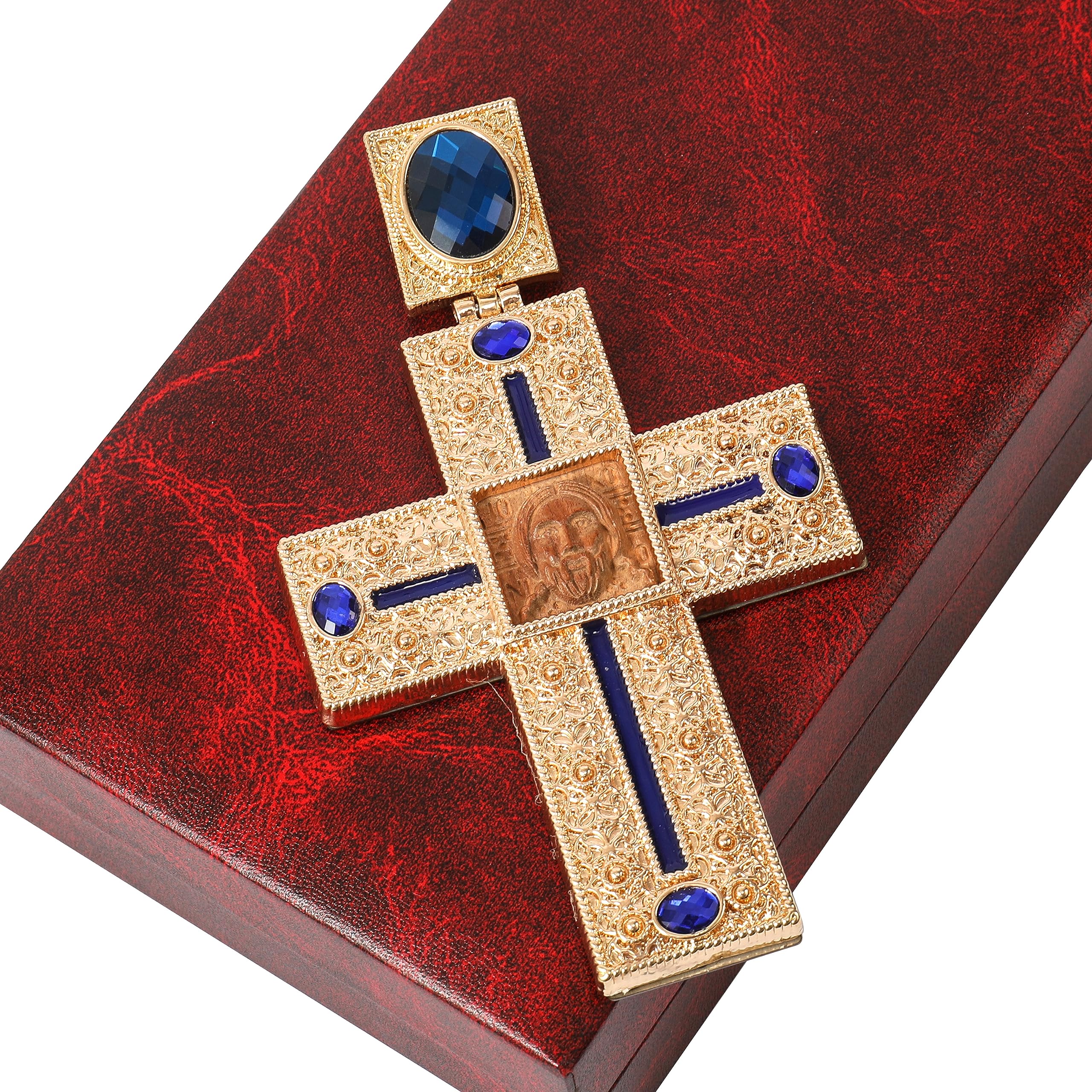 Nazareth Store Krzyż piersiowy drewniany Jezus twarz krucyfiks wisiorek ikona niebieski skrystalizowane kamienie elementy chrześcijański kapłan biskup naszyjnik 50 cm w pudełku prezentowym