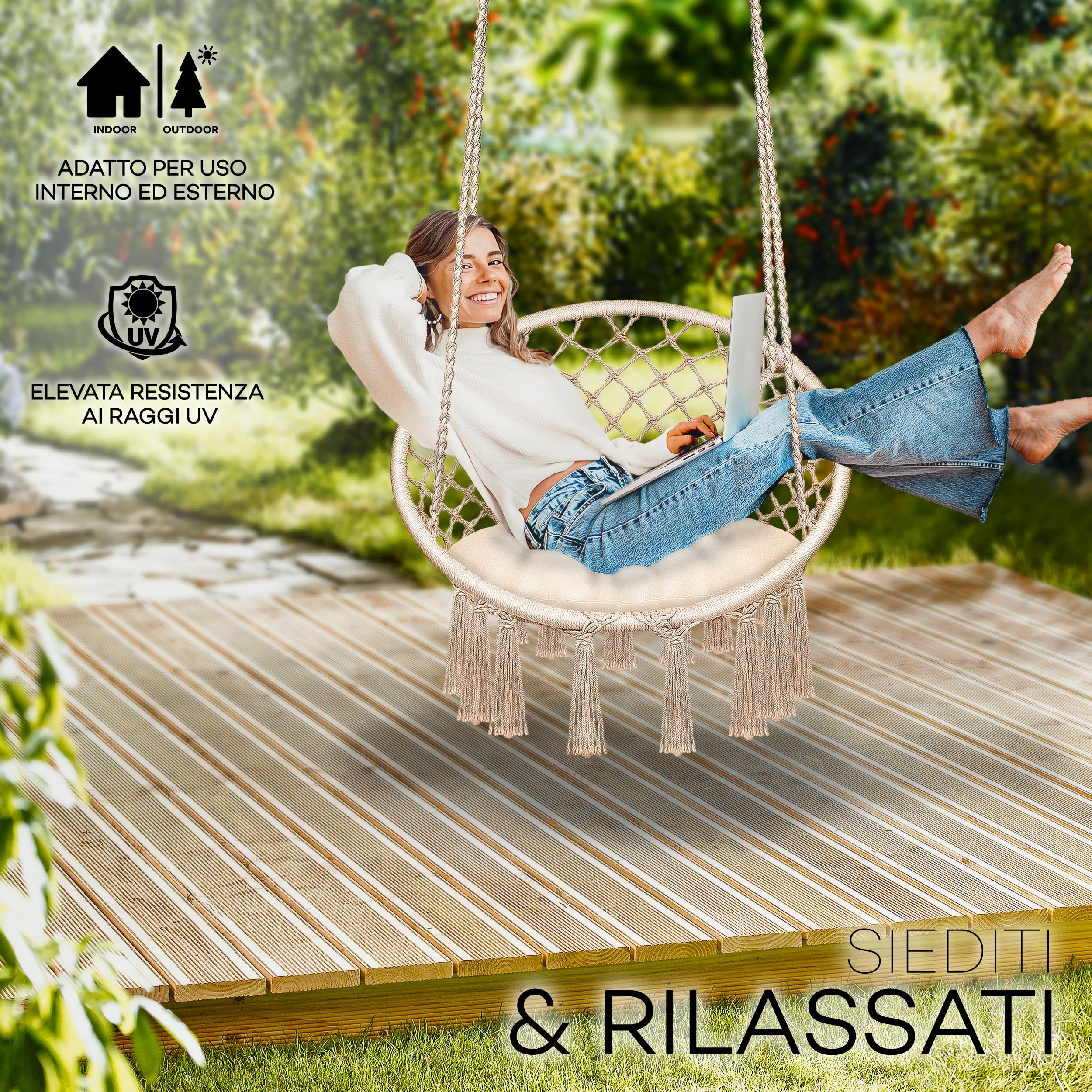 tillvex Poltrona Sospesa 200kg Amaca Sospesa Interno Esterno Sedia Appesa Resistente Intemperie Cuscino