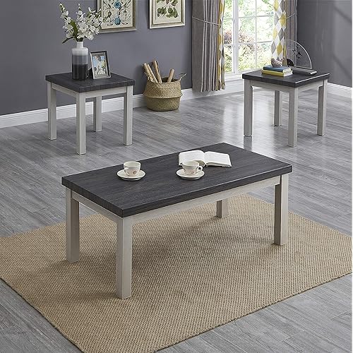 Roundhill Furniture Ronan Two-Tone Wood 3-Piece Living Room Table Set, Gray