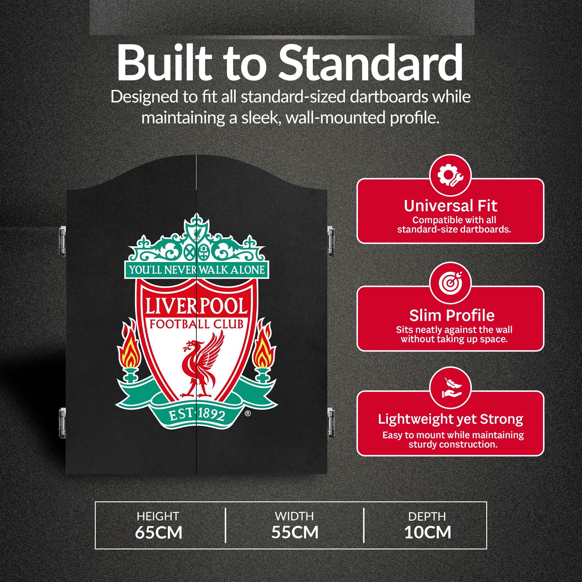 FOCO Gabinete de dardos y diana con licencia oficial del Liverpool Football Club The Reds, escudo del club, negro (CAB076)