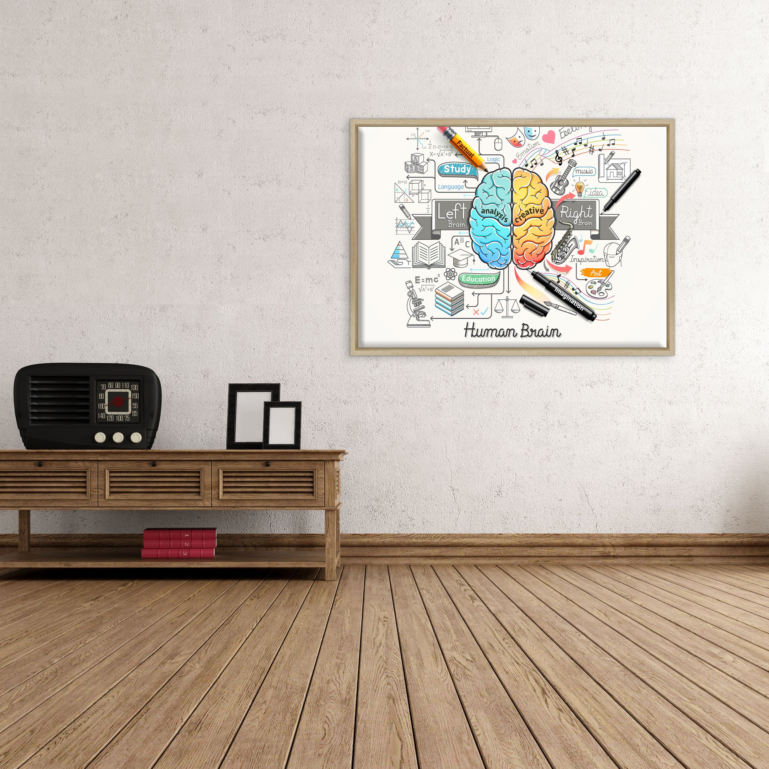 Bild auf Leinwand, gerahmt, mit Rahmen, Motiv: Gehirn, Ideenkonzept, Psychologie, Brainstorm Business – 70 x 100 cm – moderner Stil aus Naturholz – (Code 2853)