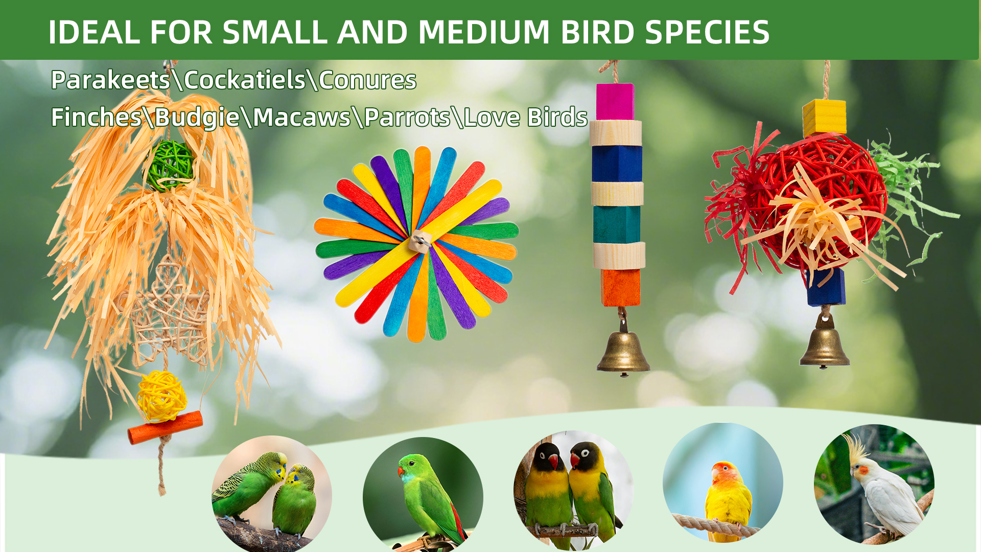 4-in-1 Hanging Bird Toy Set - Raffia Chew Balls, Wood Blocks & Bells for Foraging - Small Parrot Cage Toys for Conures, Lovebirds Under 150g (30-Day Play Guarantee) - image 6
