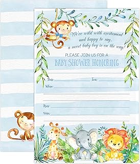 Boy Jungle Safari Baby Shower Invitations, Safari Animal Invitation, 20 Fill in Invitations, Blue Boy Baby Shower Party, Monkey, Lion, Elephant, Giraffe