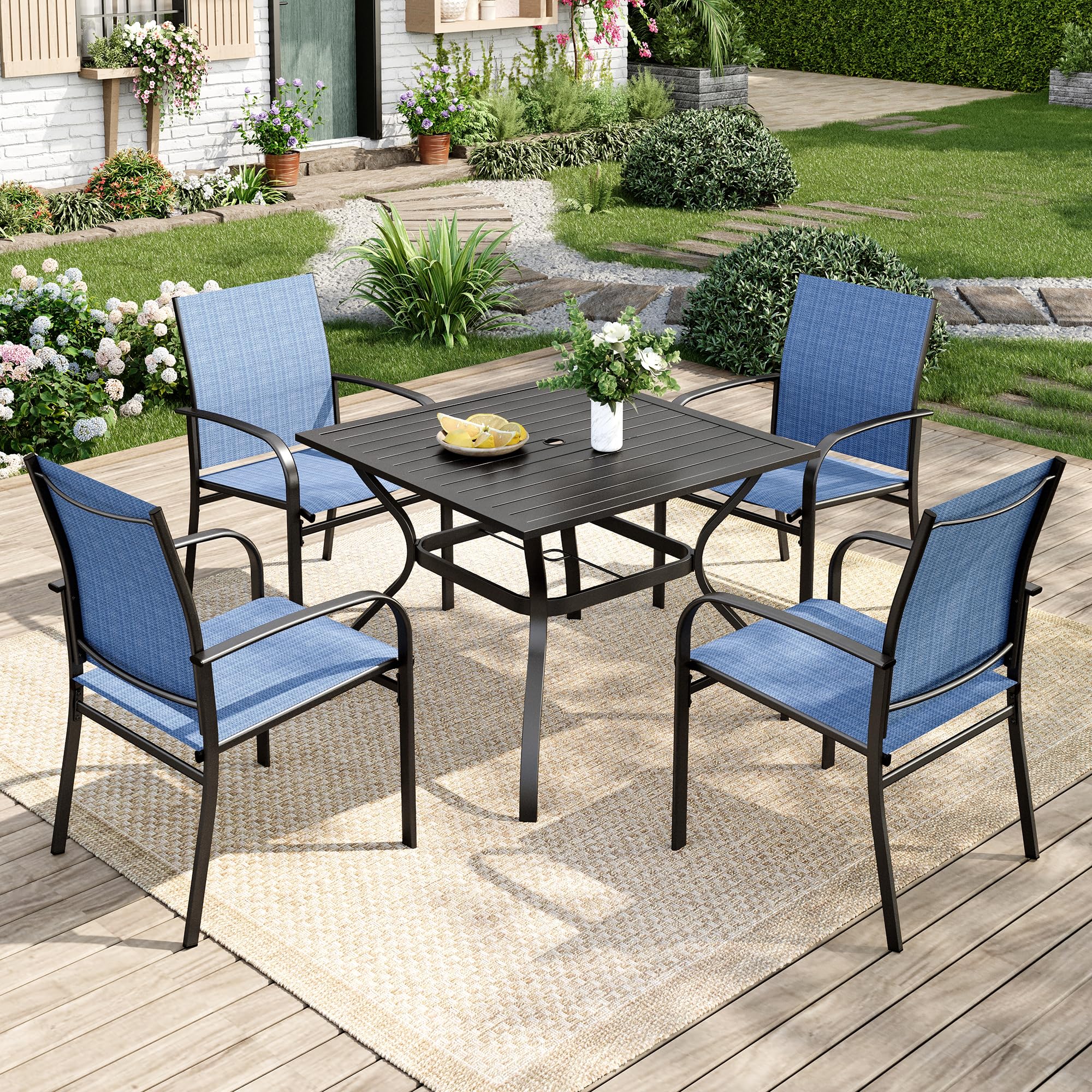 5 Pieces Patio Table and Chairs Set, 4 Person Outdoor Dining Furniture Set, 4 Blue Textilene Chairs and 37" Square Metal Table with Umbrella Hole, for Deck Backyard Lawn