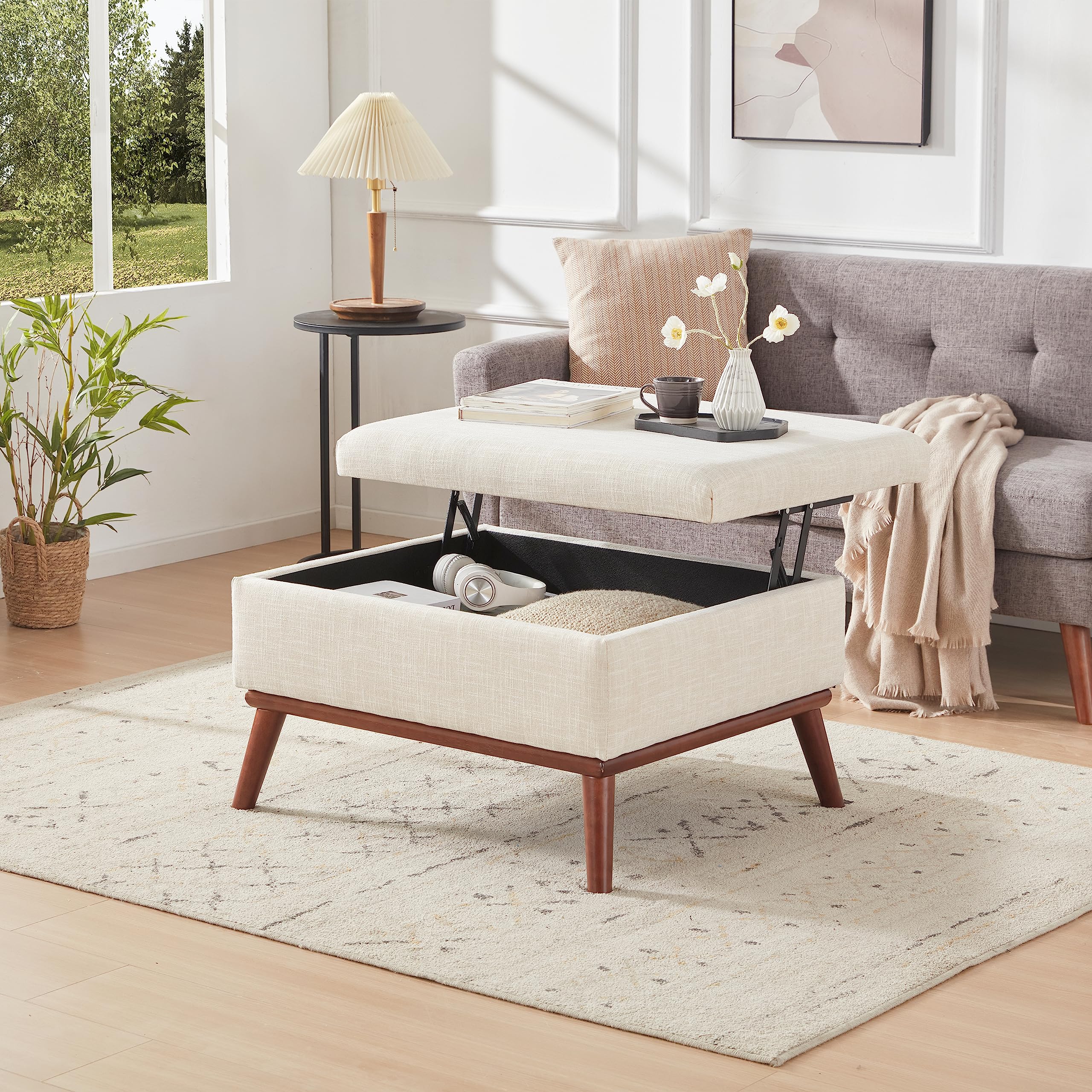 Tbfit Large Ottoman with Storage, 28.3" Mid Century Modern Rectangle Coffee Table with Lid Lifting Function, High Wooden Legs, Oversized Storage Ottomans for Living Room, Office, 