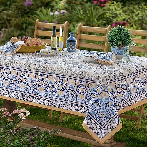 Home Bargains Plus Provence Allure - Mantel de tela francesa con bordes florales amarillos y azules, para interiores y exteriores, resistente a las