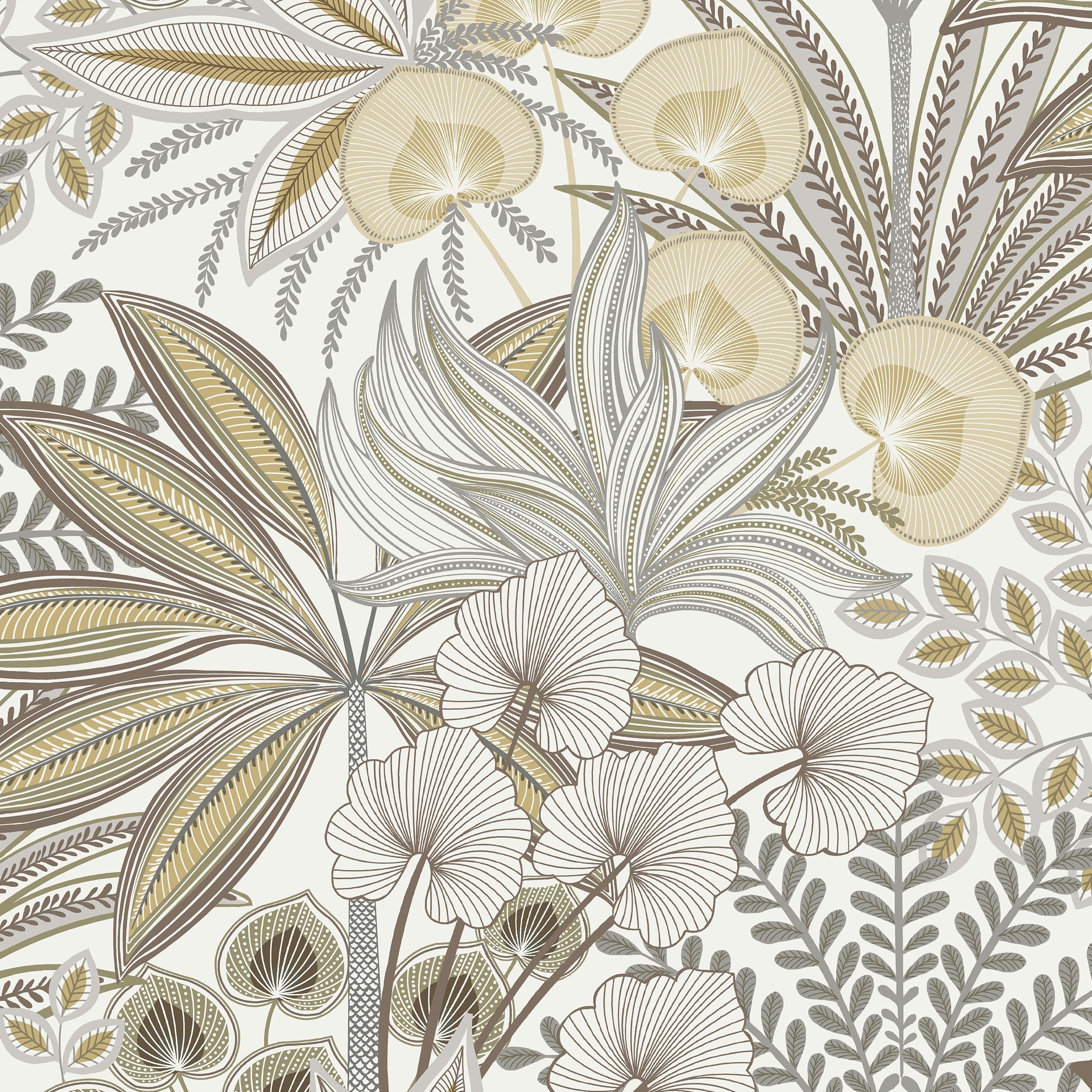 Grandeco Neutral Grey Jody Retro Jungle Botanical Textured Wallpaper,