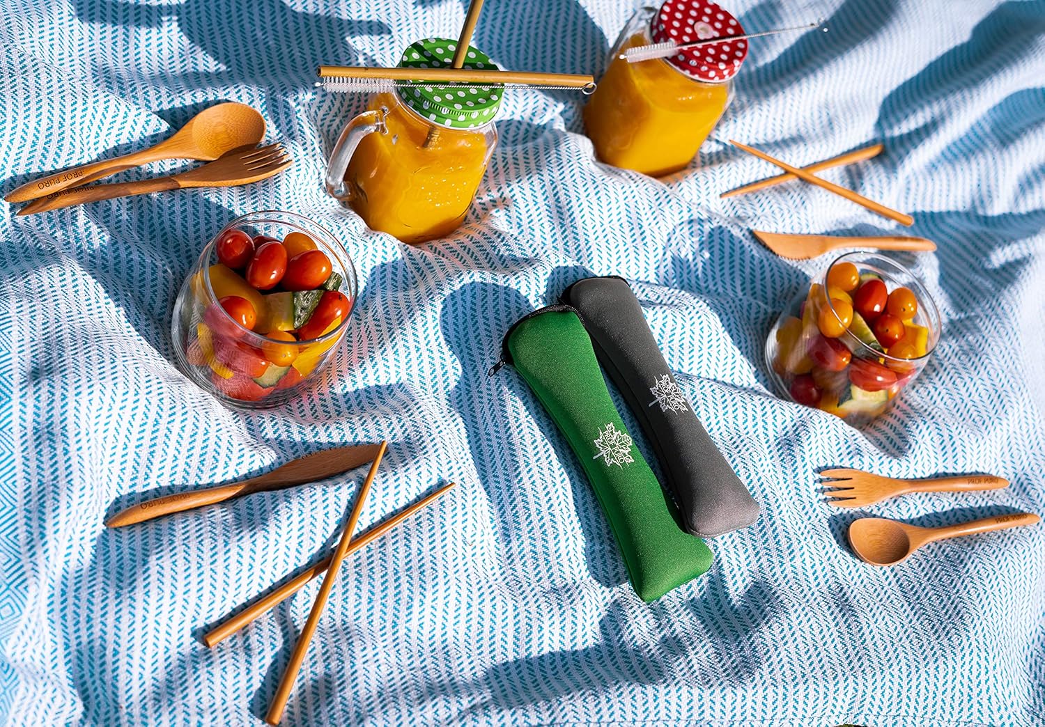 Holiday Deals 🛒 Bamboo Cutlery Set 2 pack - Spoon Knife Fork Straw Clean Brush Chopsticks Neoprene Bag - Reusable Camping Utensils (Grey + Green) 70% Off Everything Bamboo Cutlery Set 2 pack - Spoon Knife Fork Straw Clean Brush Chopsticks Neoprene Bag - Reusable Camping Utensils (Grey + Green)
