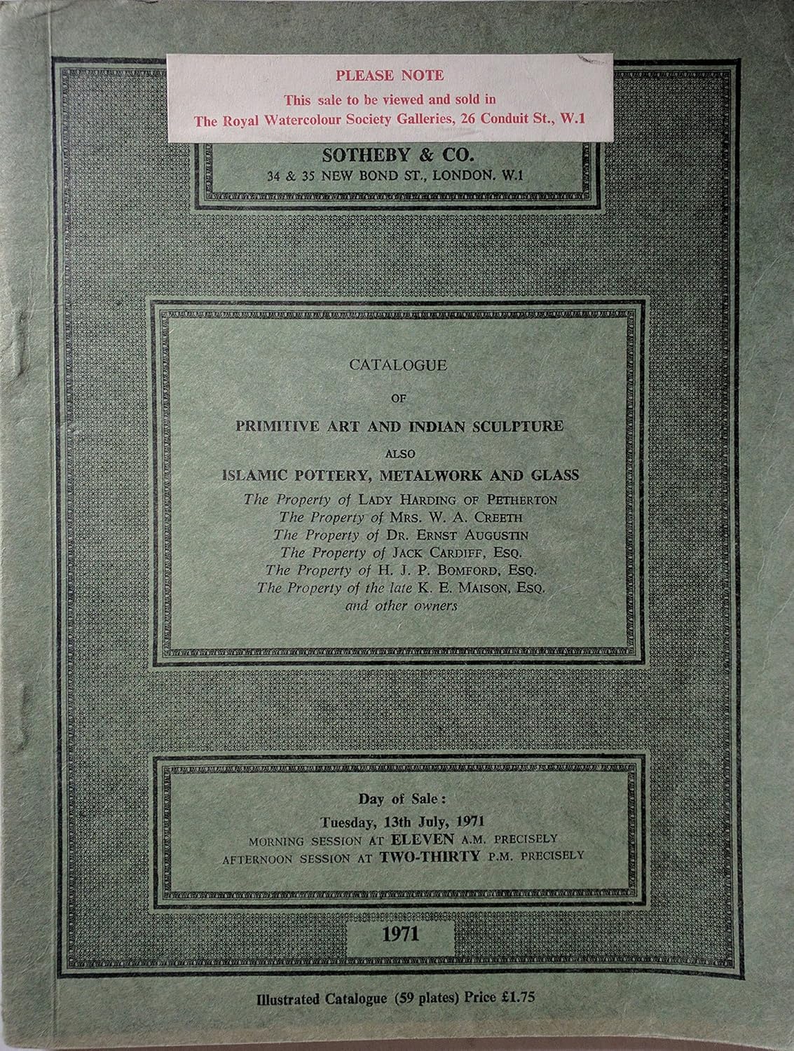 Catalogue of Primitive Art and Indian Sculpture, also Islamic Pottery