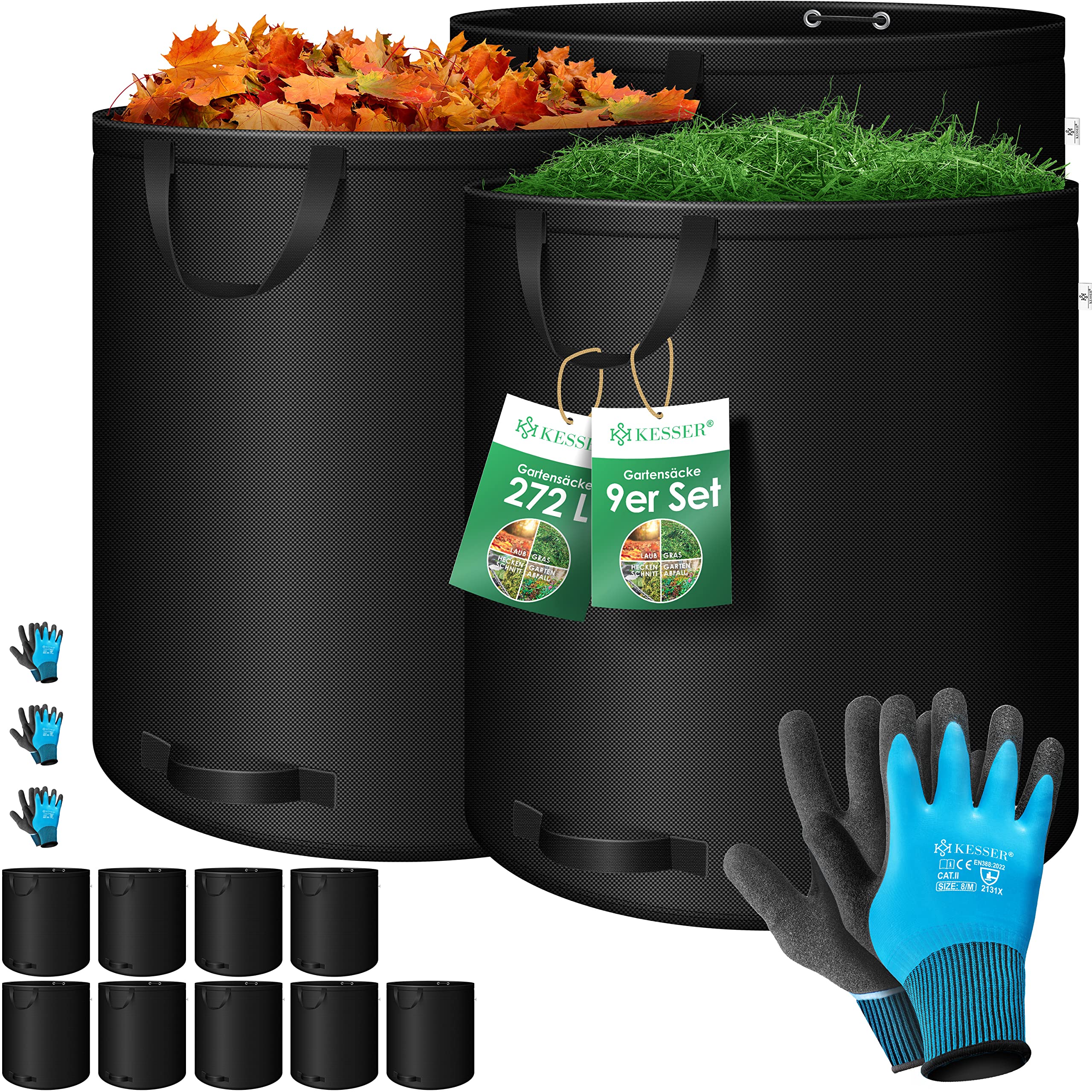 KESSER® Gartensack 9x 272L Set Laubsack Gartenabfallsack inkl. Handschuhe - Selbststehend 4 Griffe Stabil Robust & Faltbar - Laubsäcke Rasenschnitt Gartensäcke für Gartenabfälle Grünschnitt Schwarz
