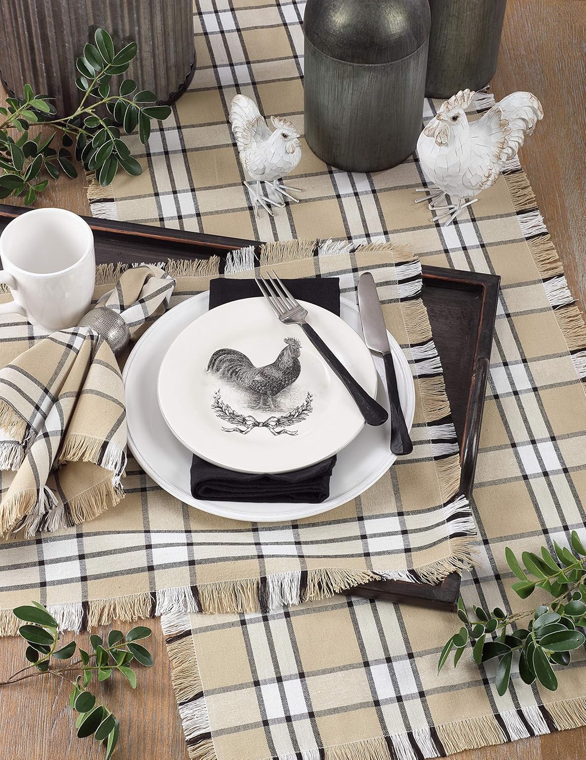 Khaki Plaid Cotton Table Runner with Fringe, 16" x 72"