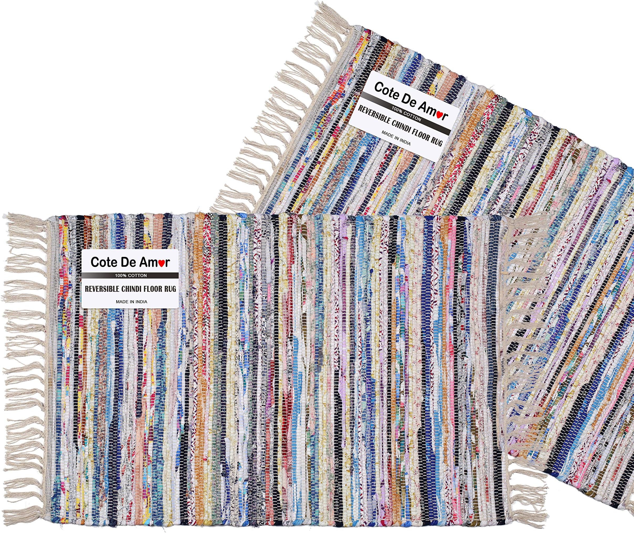 100 Cotton Rag Rug 2x3' Washable Multicolor Chindi Rug