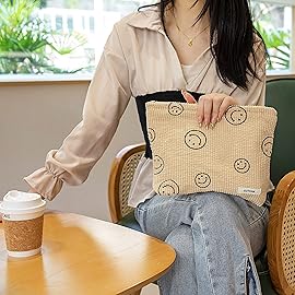 GUTGNK Makeup bag for Women, Corduroy Cosmetic Bag Aesthetic Design Ladies Tote Bag,Cute Smiley Face Makeup Organizer with Zipper - Khaki