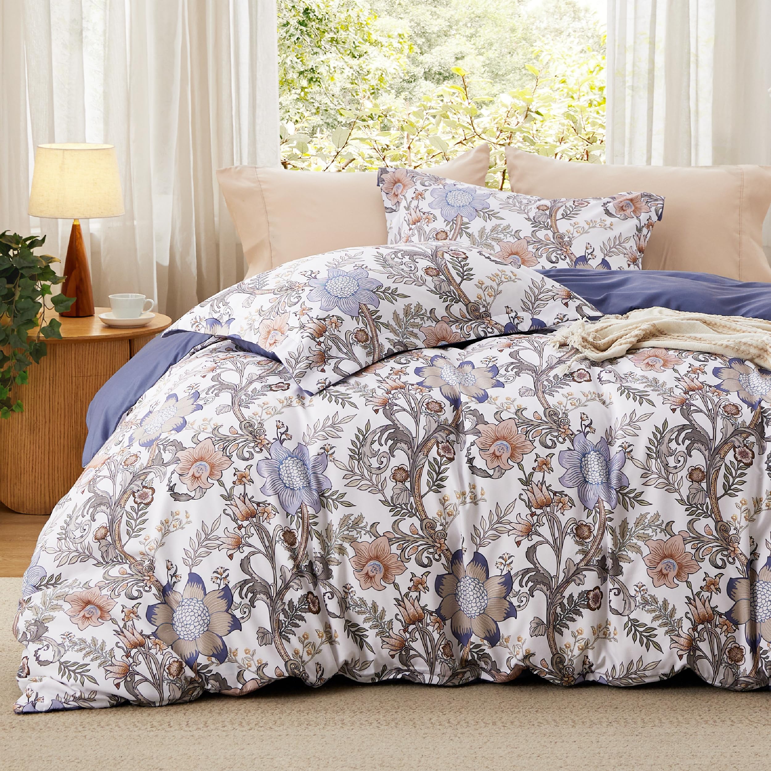 Bedsure Duvet Cover Queen Size - Reversible Blue Floral Duvet Cover Set with Zipper Closure, 3 Pieces Blossom Patterned Bedding Set with 8 Corner Ties