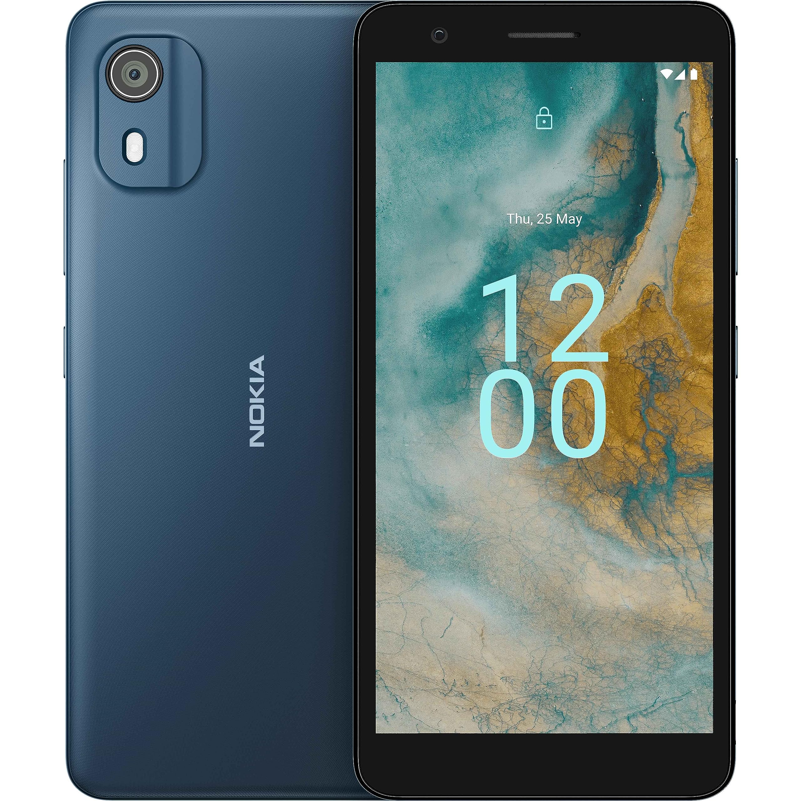 NokiaC02 5.45" Dual SIM Smartphone, Android 12 (Go edition) - 5MP Rear / 2MP Front Camera, Portrait Mode, 2GB RAM/32GB ROM, Tough build quality with IP52 Rating, 3000mAh battery - Cyan