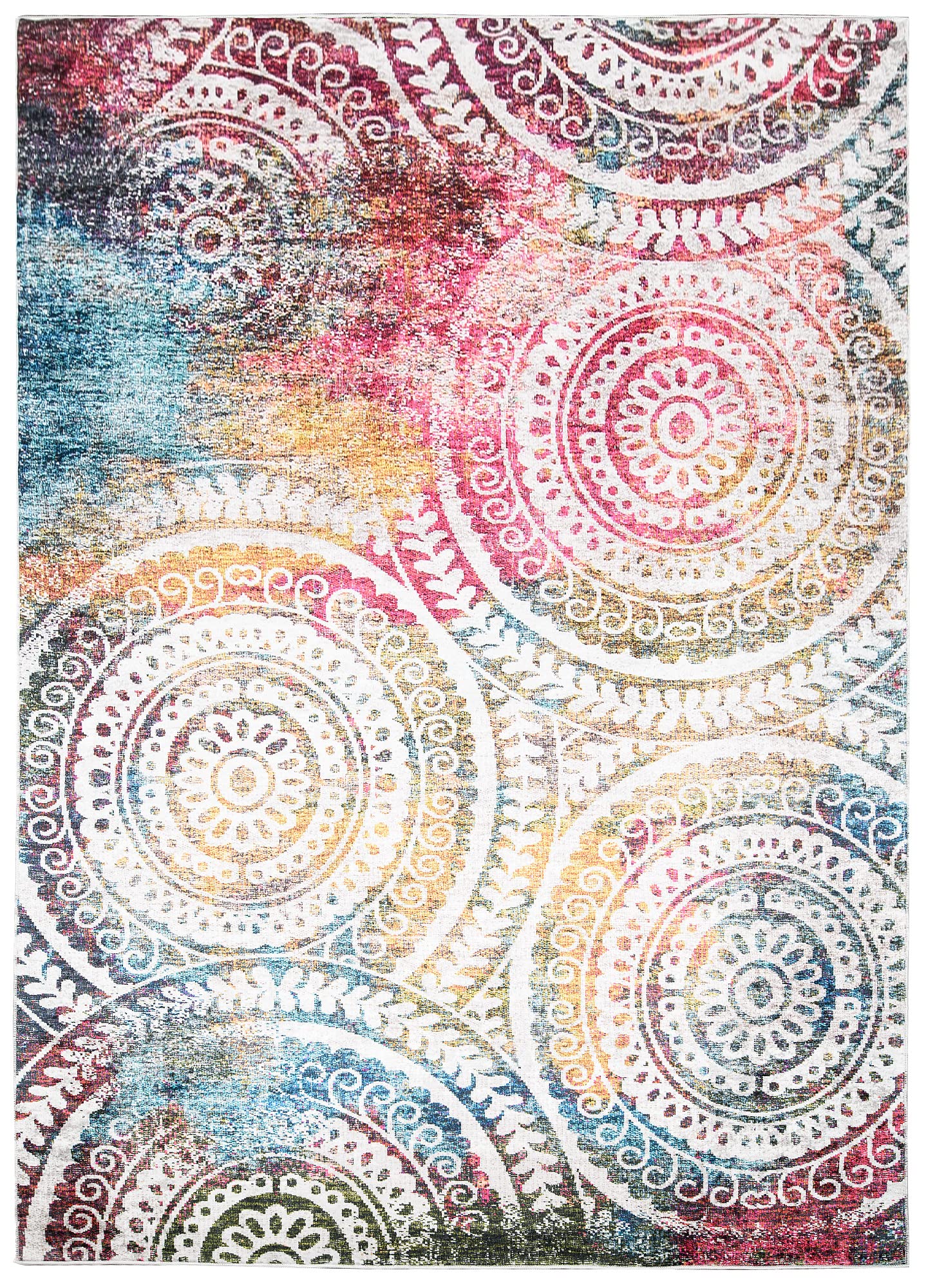 TAPISO Toscana Teppich Bedruckter Teppich Mehfarbig Bunt Runde Rosetten Vintage Waschbar rutschfest Wohnzimmer Schlafzimmer Büro Modern Design 160 x 230 cm