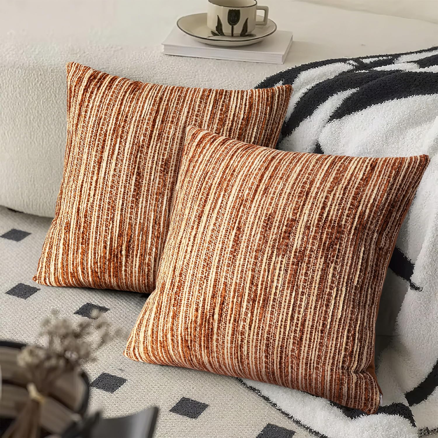 AELS 20x20 Decorative Farmhouse Throw Pillow Covers, Chenille Striped Pillow Case, Set of 2, Boho Textured Cushion Cover for Sofa Couch Living Room (Cover ONLY), Rust - Image 6