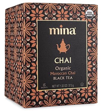 Mina Moroccan Chai, Organic Black Tea Bags, Organic Chai Tea with Cinnamon, Ginger Star Anise, Clove & Cardamom, Chai Latte Hot or Iced, Healthy & Soothing Beverage - 15 Biodegradable Sachets