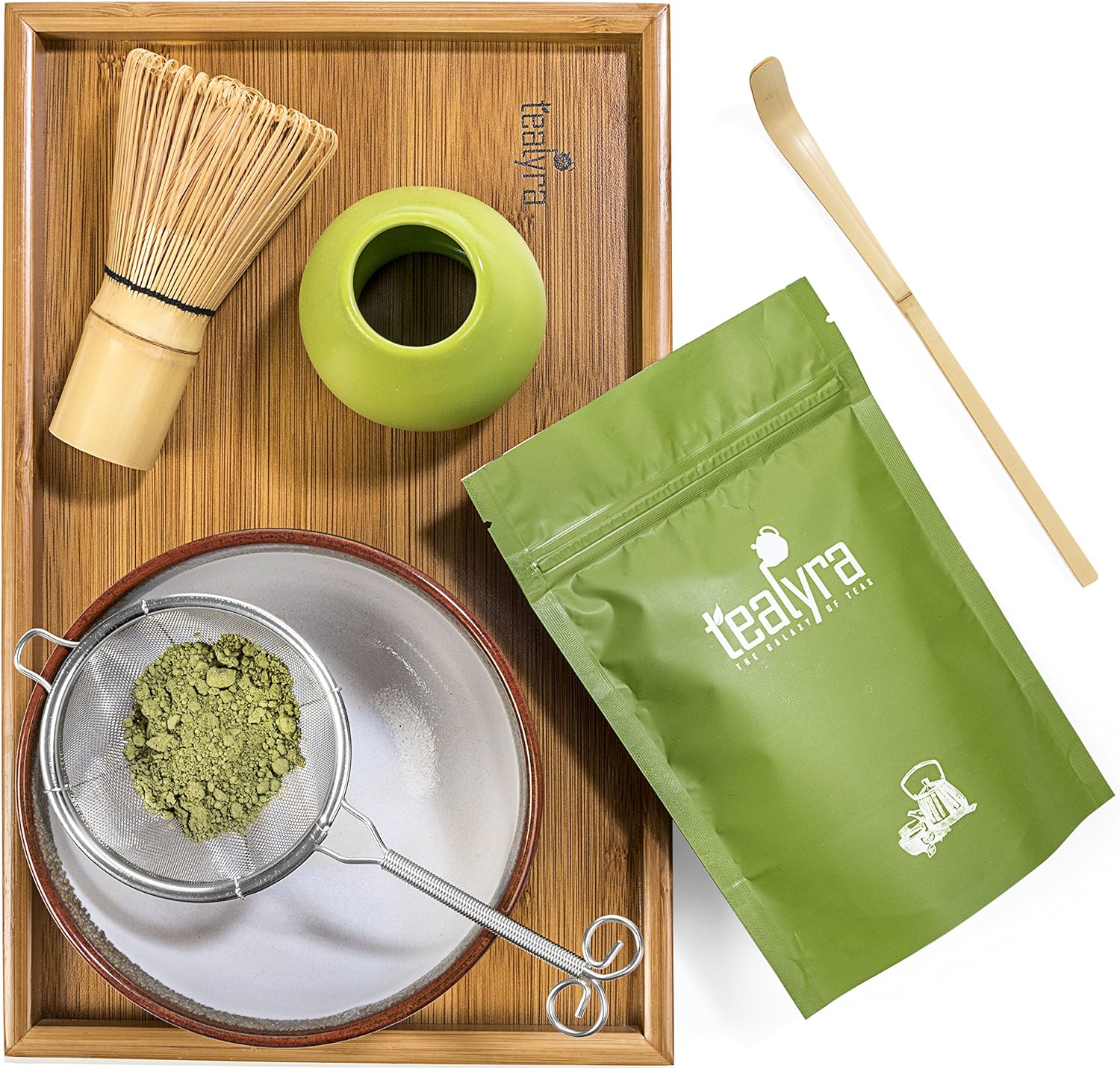 Tealyra - Matcha Kit - Connoisseur Ceremony Start Up Set - Premium Matcha Tea Powder - Japanese Made Red Bowl - Bamboo Whisk Scoop and Tray - Holder - Sifter