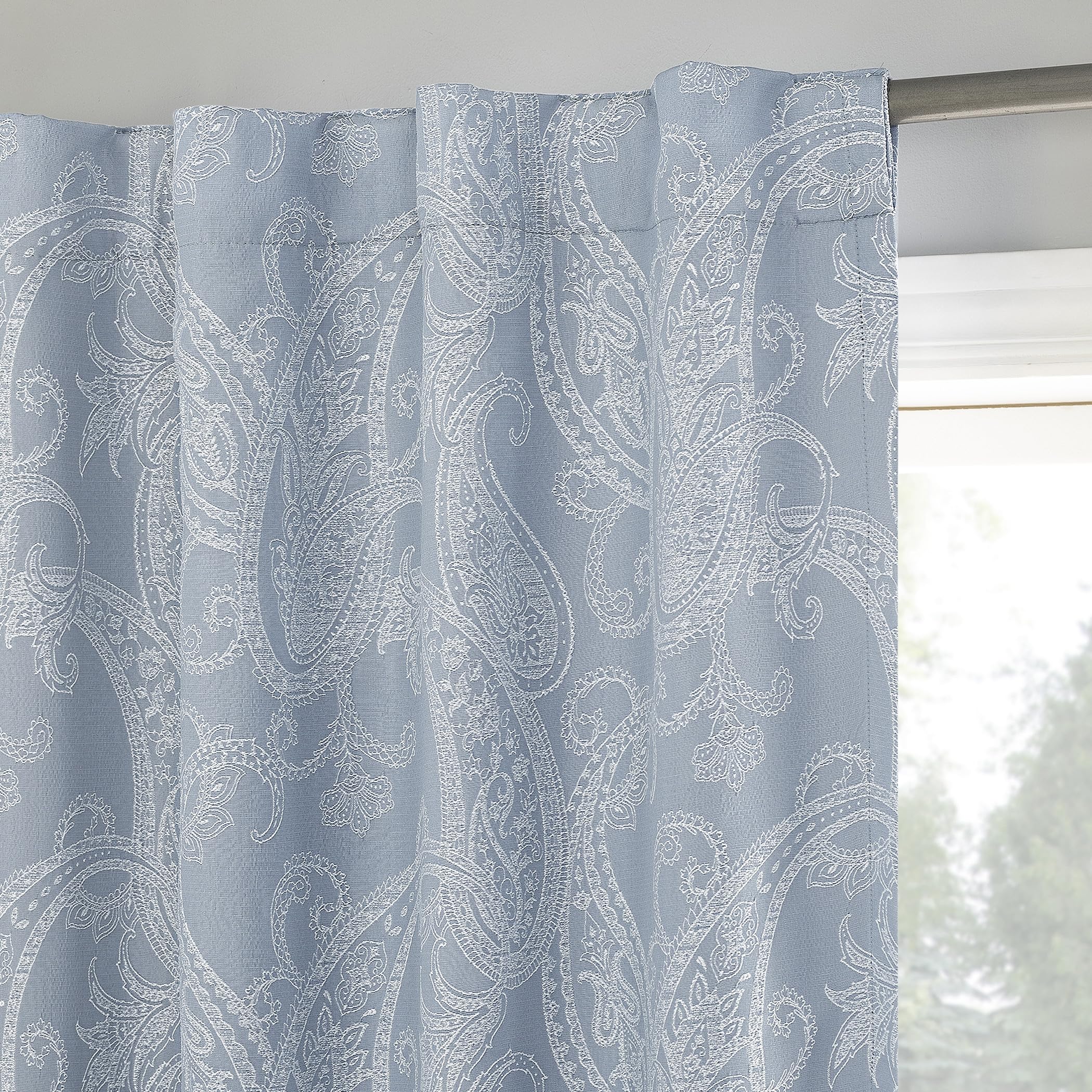 Sun Zero Pedra Paisley Embroidery 100% Total Blackout Back Tab Curtain Panel, Tranquil Blue, 40" x 63" (1 Panel)