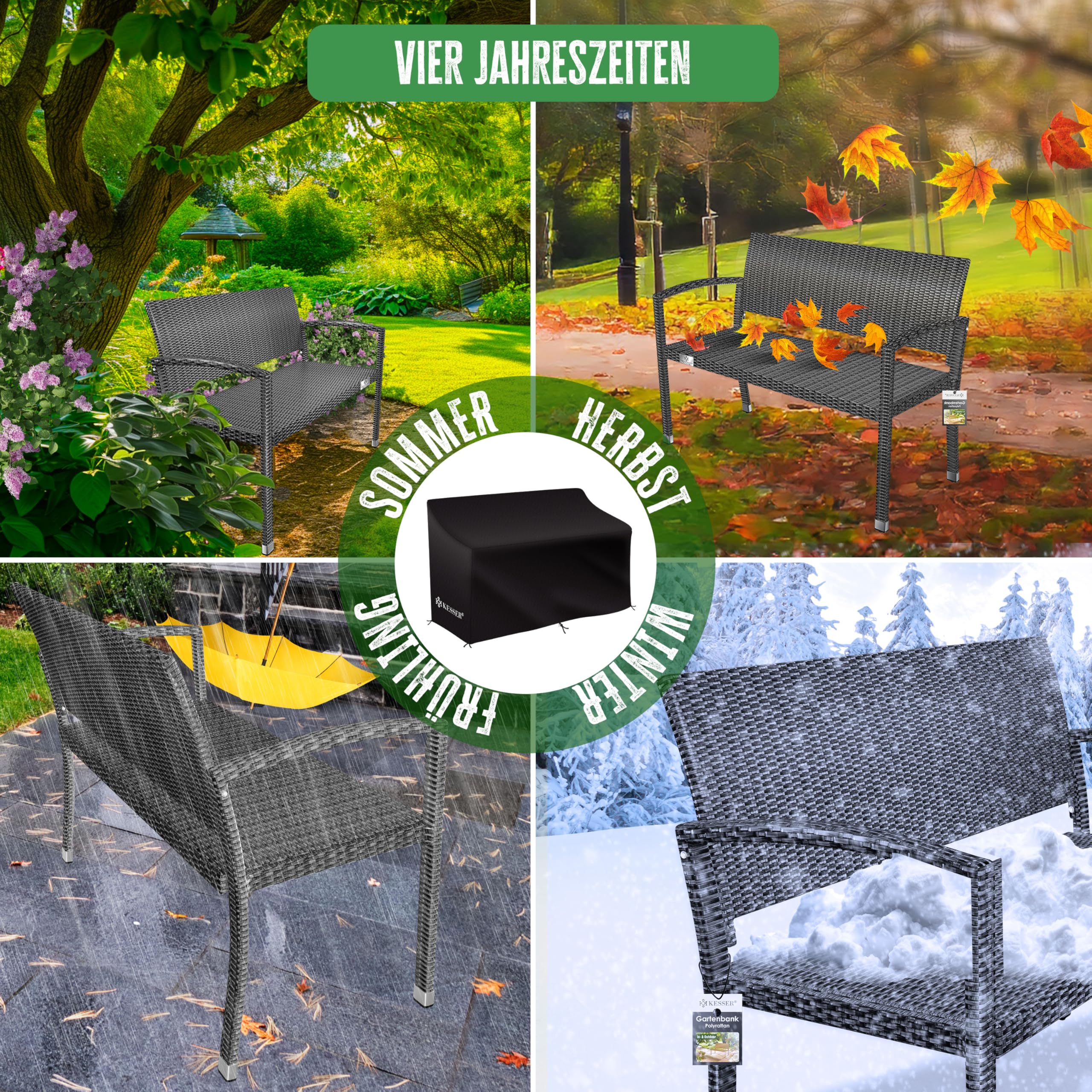 KESSER® Panca da giardino in polyrattan, resistente alle intemperie, resistente ai raggi UV e portata fino a 320 kg, 125 x 62 x 90 cm, mobili da giardino con braccioli ergonomici, per 2 persone,