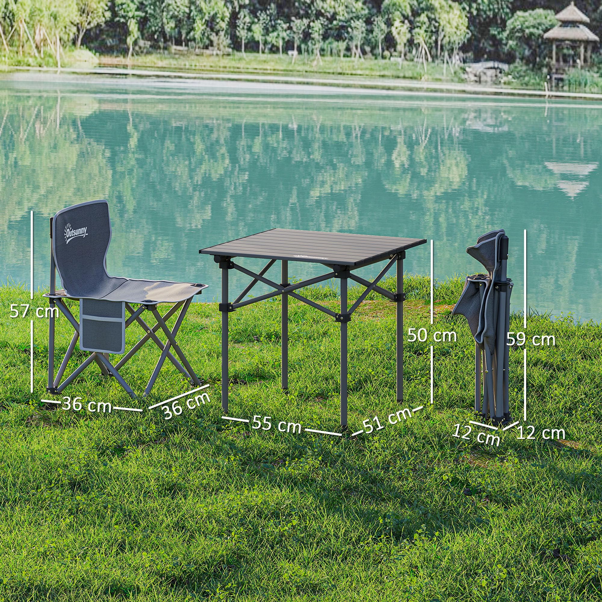 Outsunny Tavolo da campeggio con 4 sedie pieghevoli, set di tavolo e sedie da campeggio da 5 pezzi con tasche laterali e borse per il trasporto, 55 x 51 x 50 cm, grigio scuro