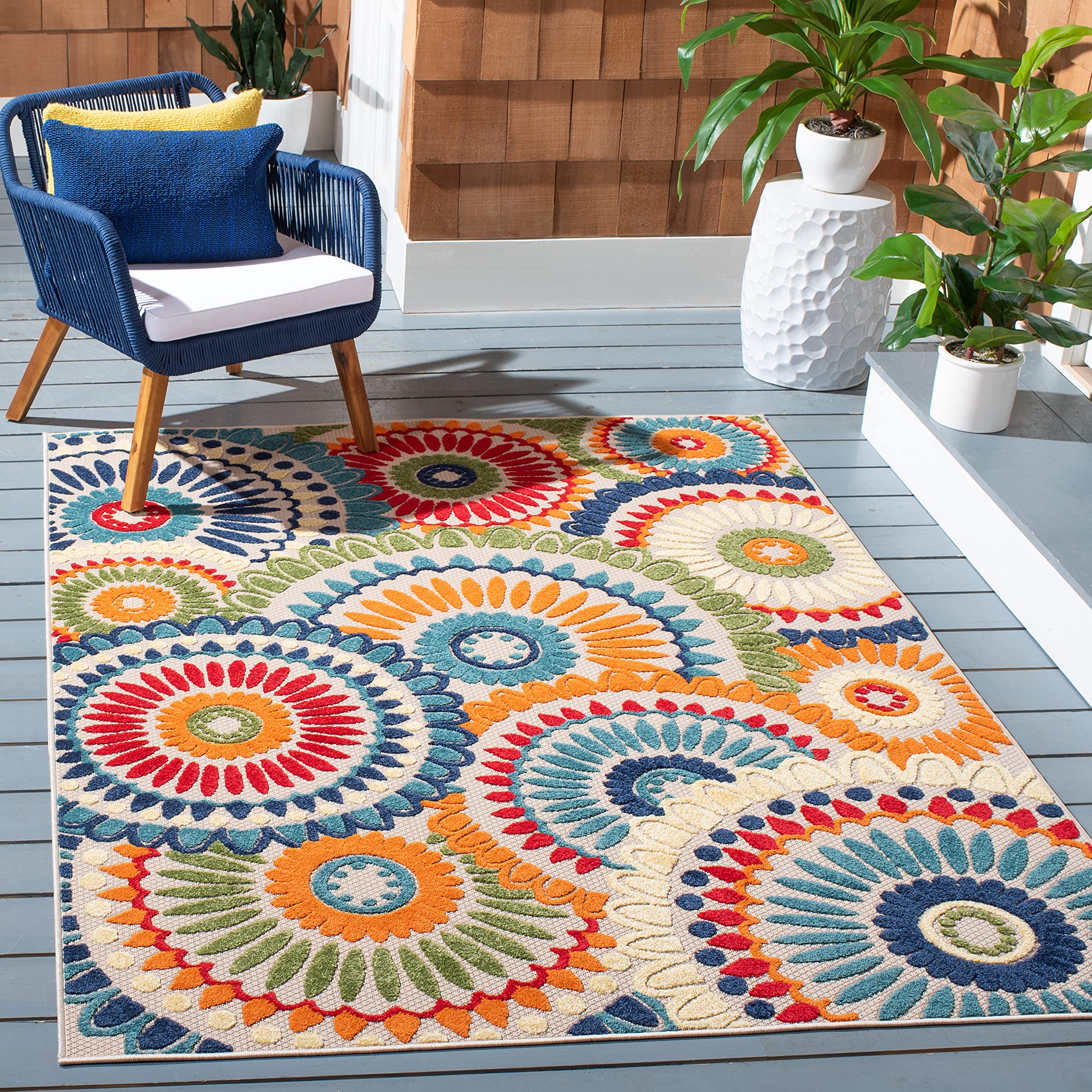 SAFAVIEH Washable Rug Outdoor Cabana Collection - 3' x 5', Blue & Ivory, Non-Shedding & Easy to Clean, Ideal for Patio, Backyard, Mudroom (CBN382M)