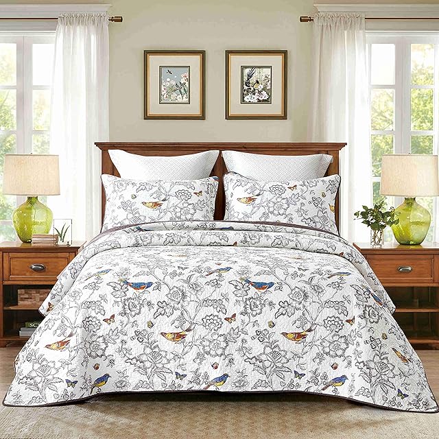Unimall Cotton Quilted Bedspread King Size Elegant Birds Pattern Patchwork Quilt Bed Throws with Pillow Shames for Double Bed