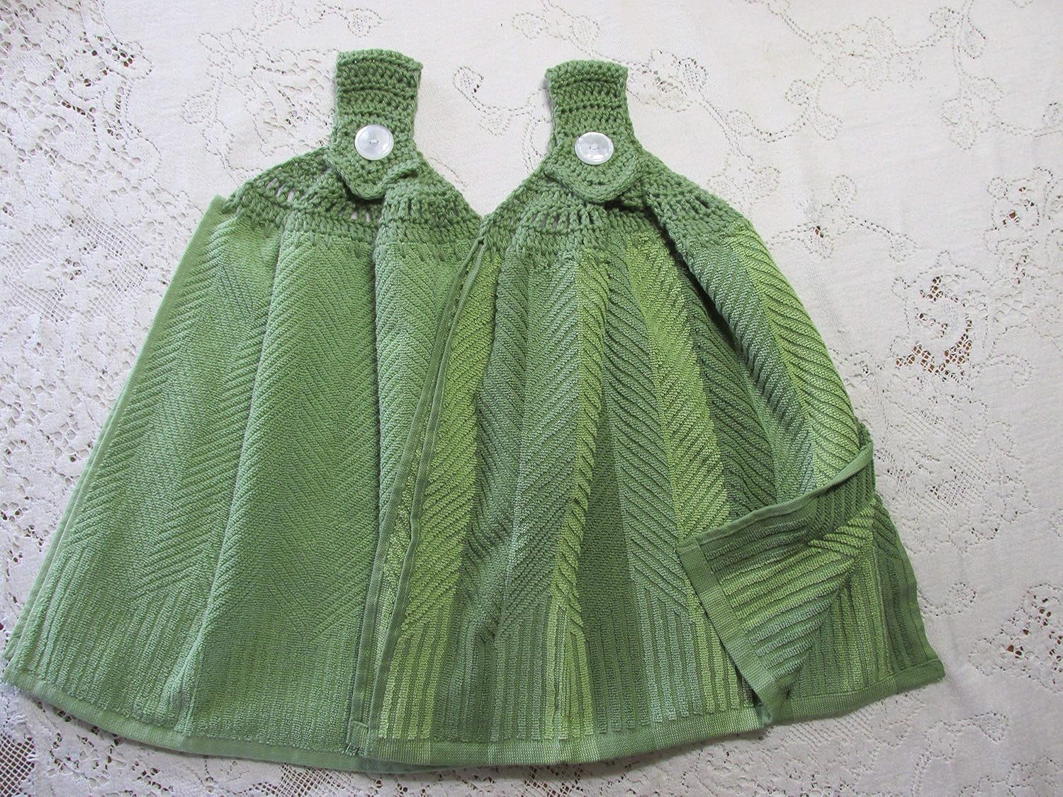 Set of 2 Green Doubled Chevron Design Hanging Kitchen Towels with Green Cotton Crochet Top