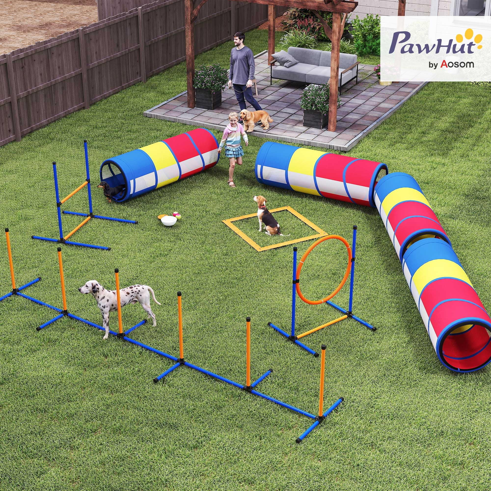 PawHut 12-częś. agility set, przeszkoda regul. i pierś. | Tor przeszk., Zest. ogrod., 4 tun., Słupki slal., Skrz. pauzy, Torb. smakoł., Miska, Torb. przen., Uż. wewn./zewn.